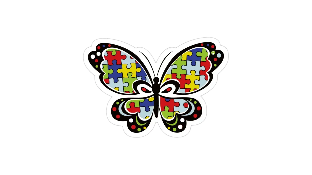 Butterfly with wings patterned in colorful jigsaw puzzle pieces, the autism awareness symbol
