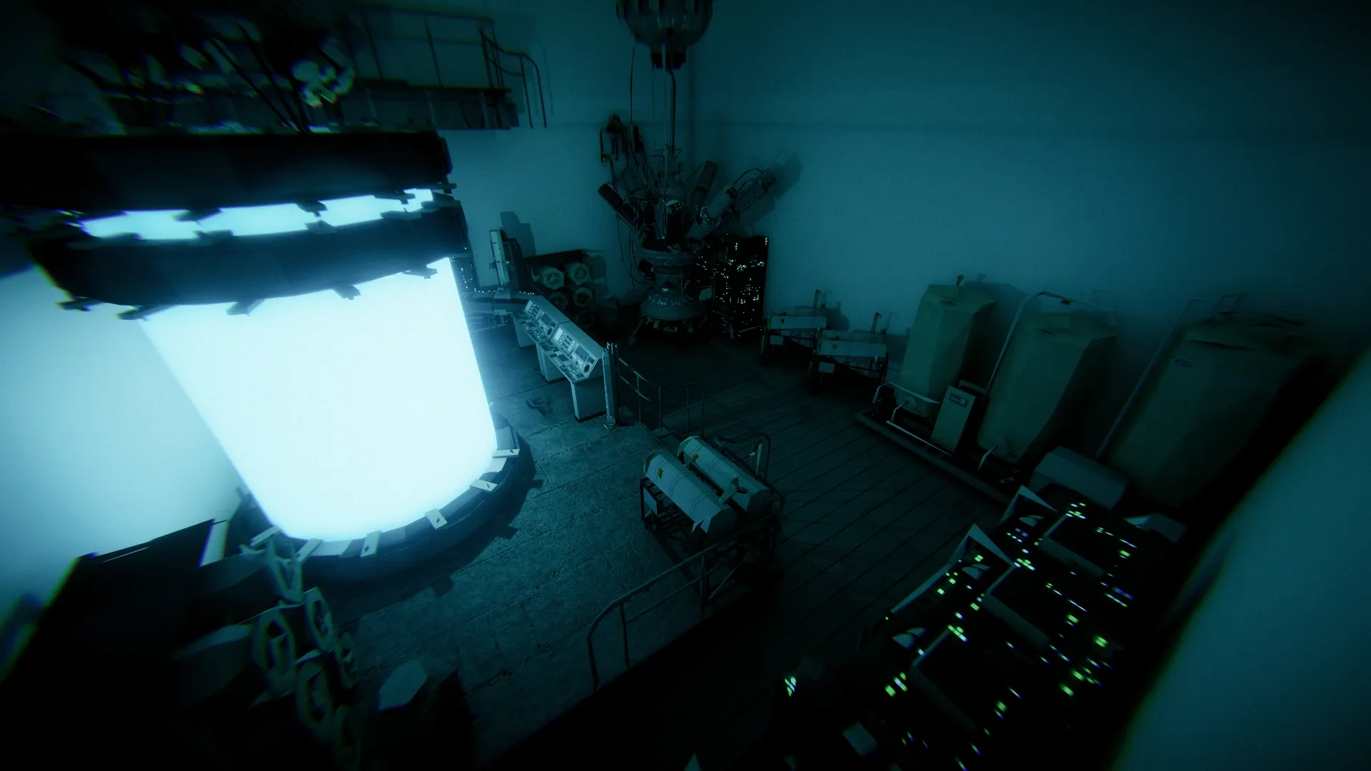 The time machine glowing cyan in a dark laboratory with pipes and equipment