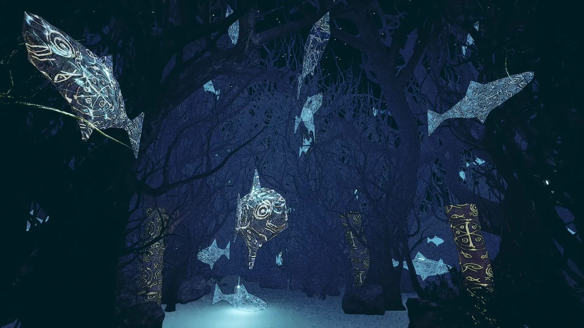 Dark forest at night with patterned fish phantoms floating among glowing trunks
