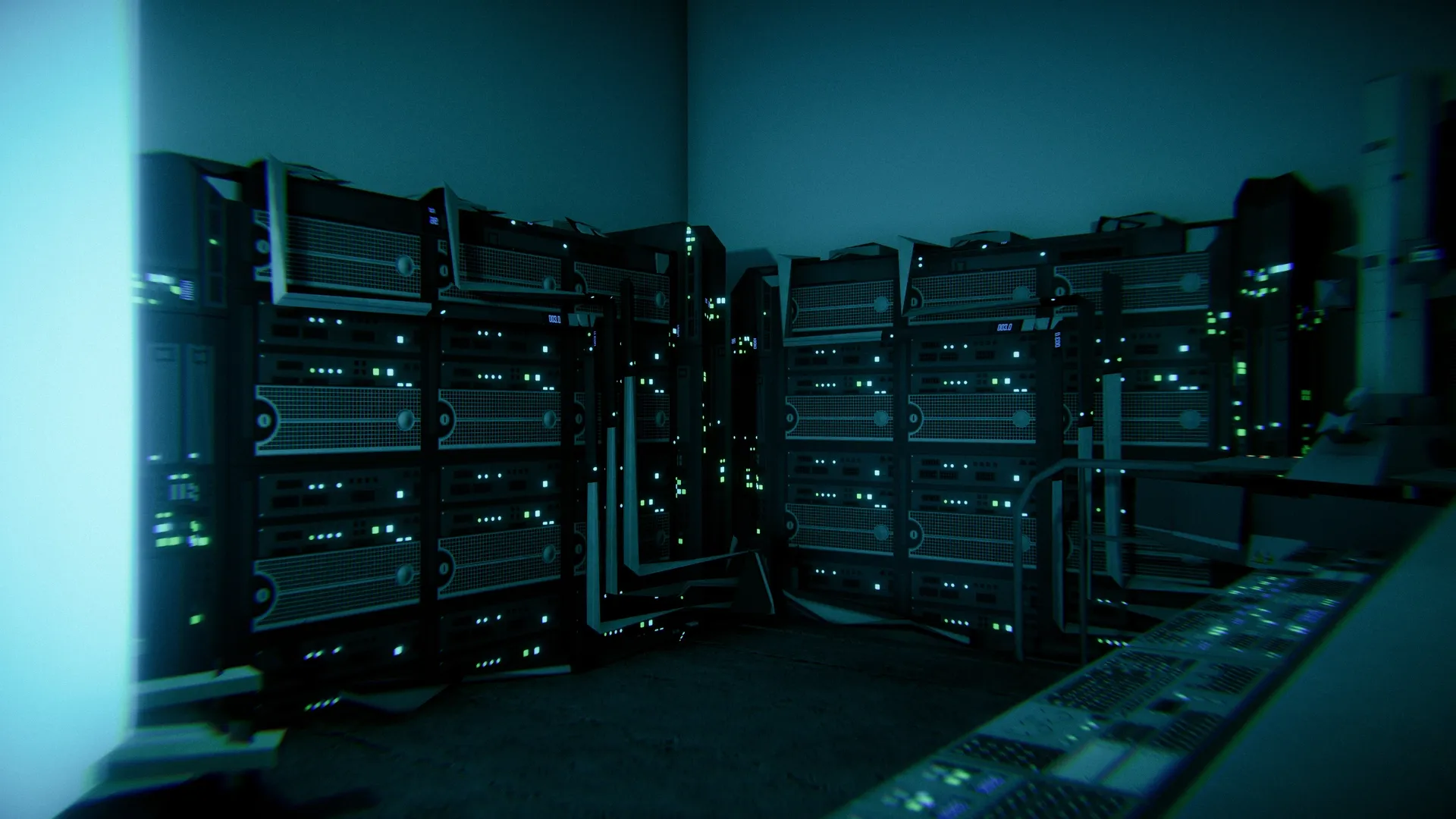Racks of server equipment with green indicator lights in the lab