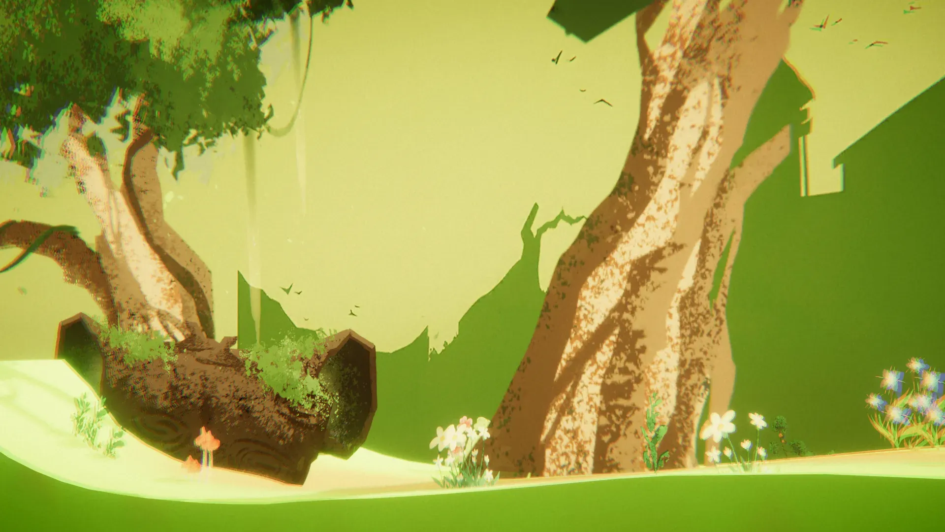 Green forest of Stage One with a mossy rock and tall tree trunks in yellow-green light