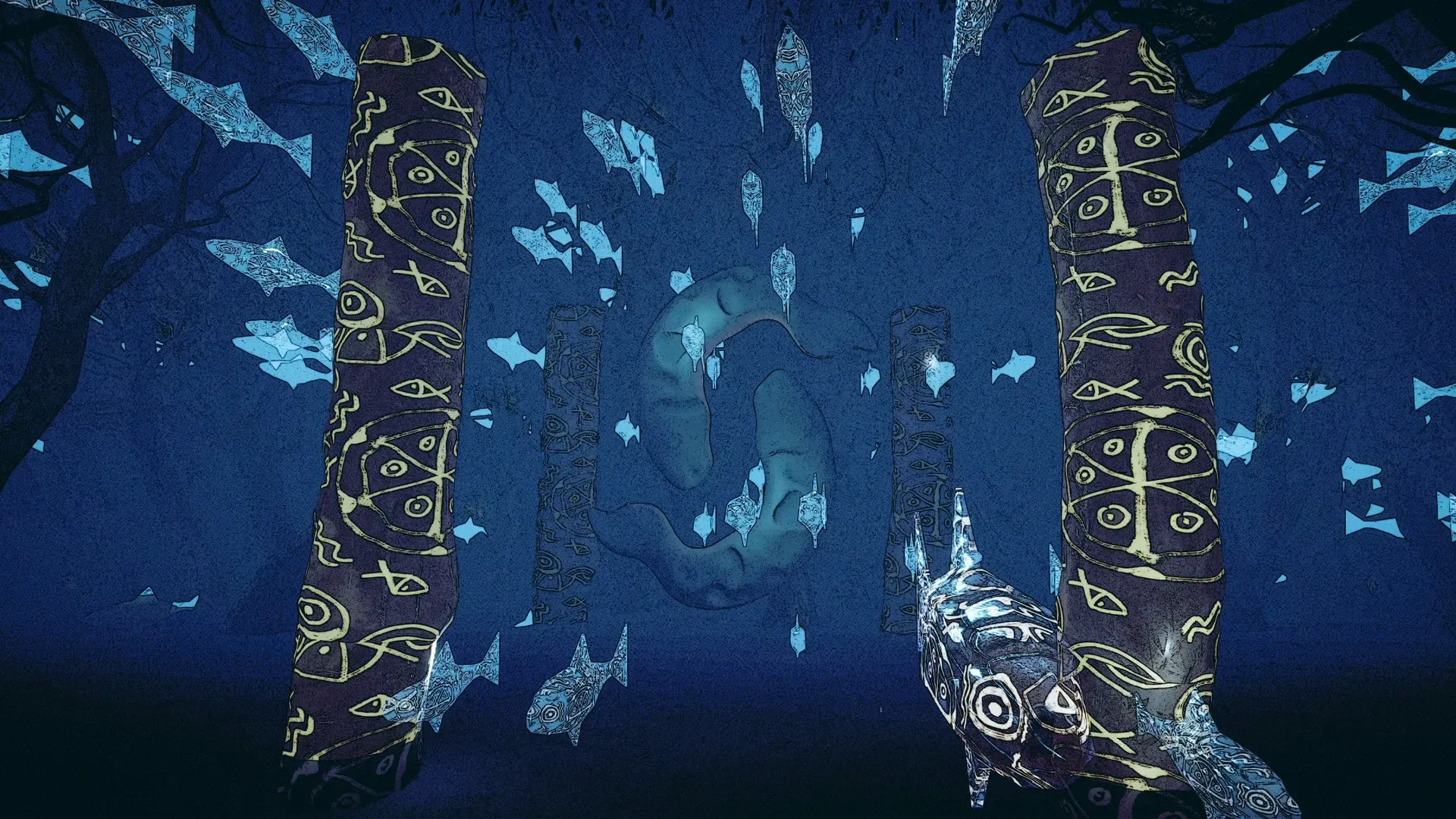 Two tall shamanic pillars with yellow patterns surrounded by blue fish phantoms