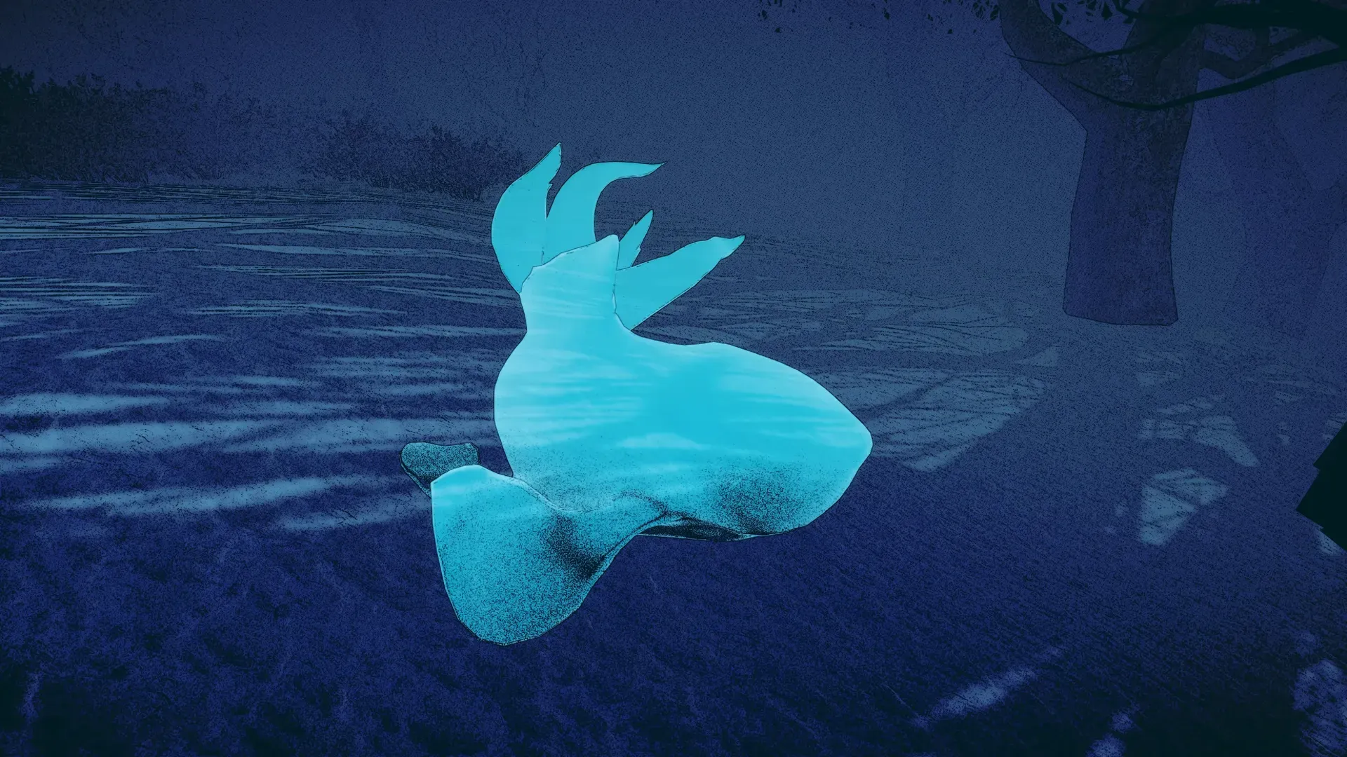 A large cyan fish phantom drifting over a dark blue forest floor