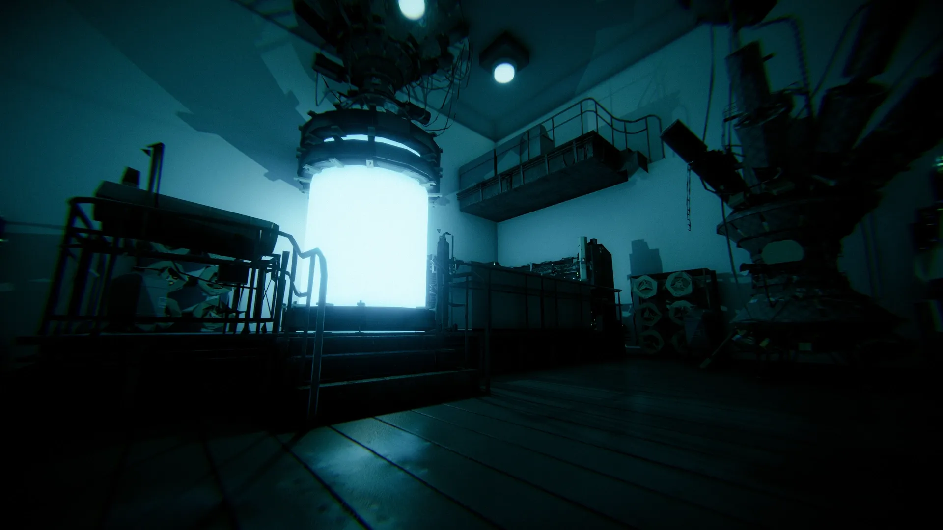 Dark underground laboratory with a glowing time machine, from the game Qiyu.