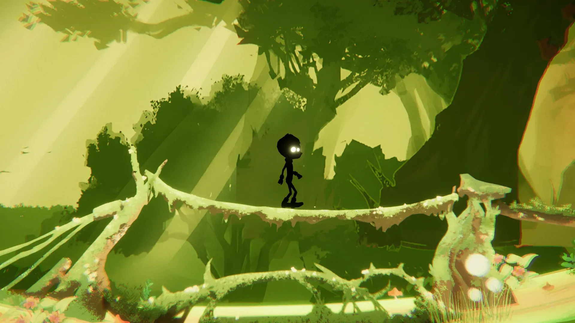 The protagonist silhouette walking along a fallen branch through sunlit green forest