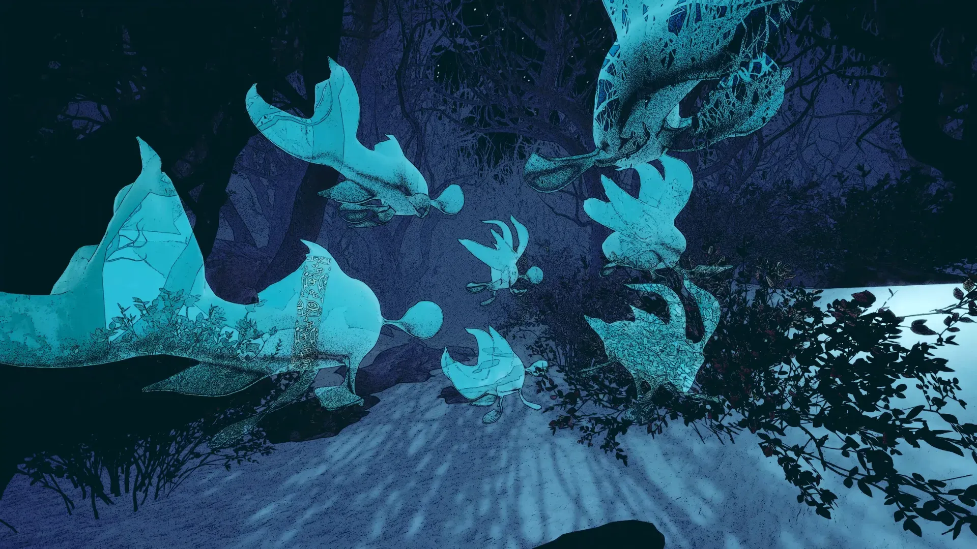 Cyan fish phantoms swimming through the night forest above a snowy path