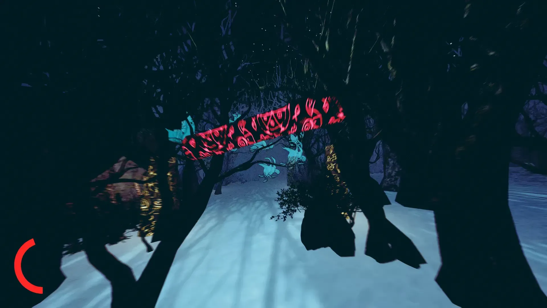 First-person view of a snowy forest path with a red glowing patterned log and a red timer arc