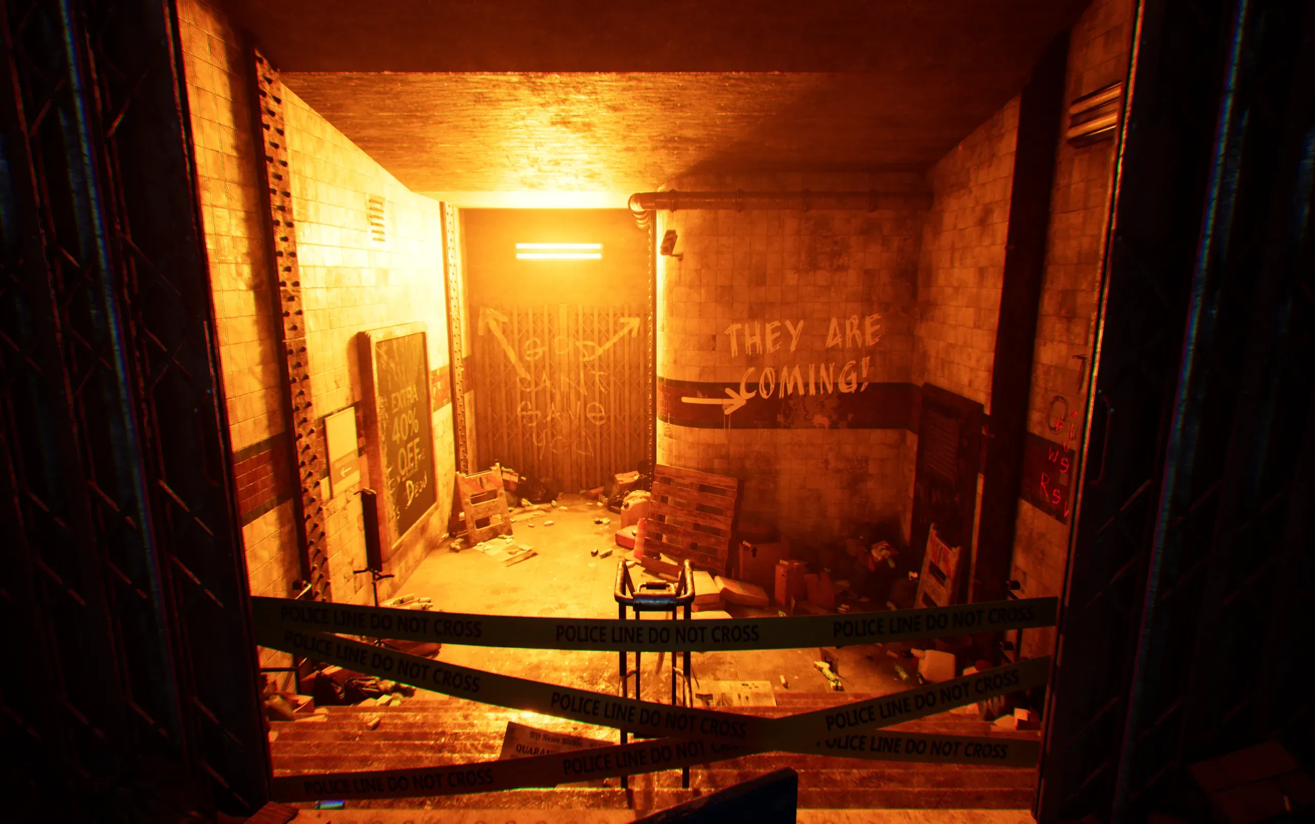 Warm orange room behind police tape, with a chalkboard and wall graffiti reading THEY ARE COMING