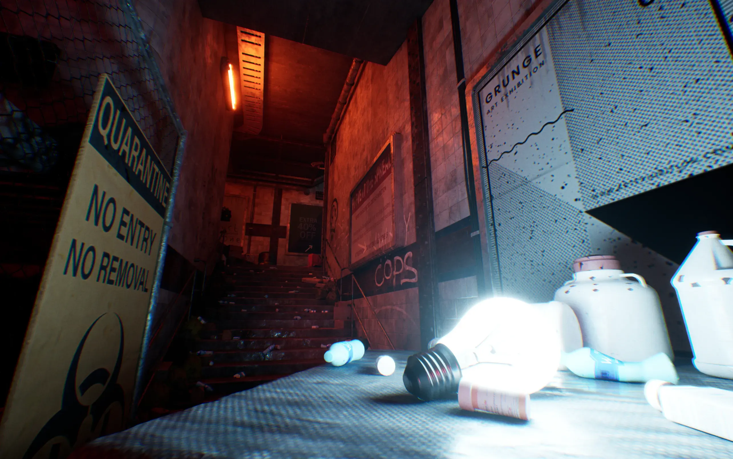A bright glowing light bulb on a shelf beside bottles, with a dim orange stairwell behind it