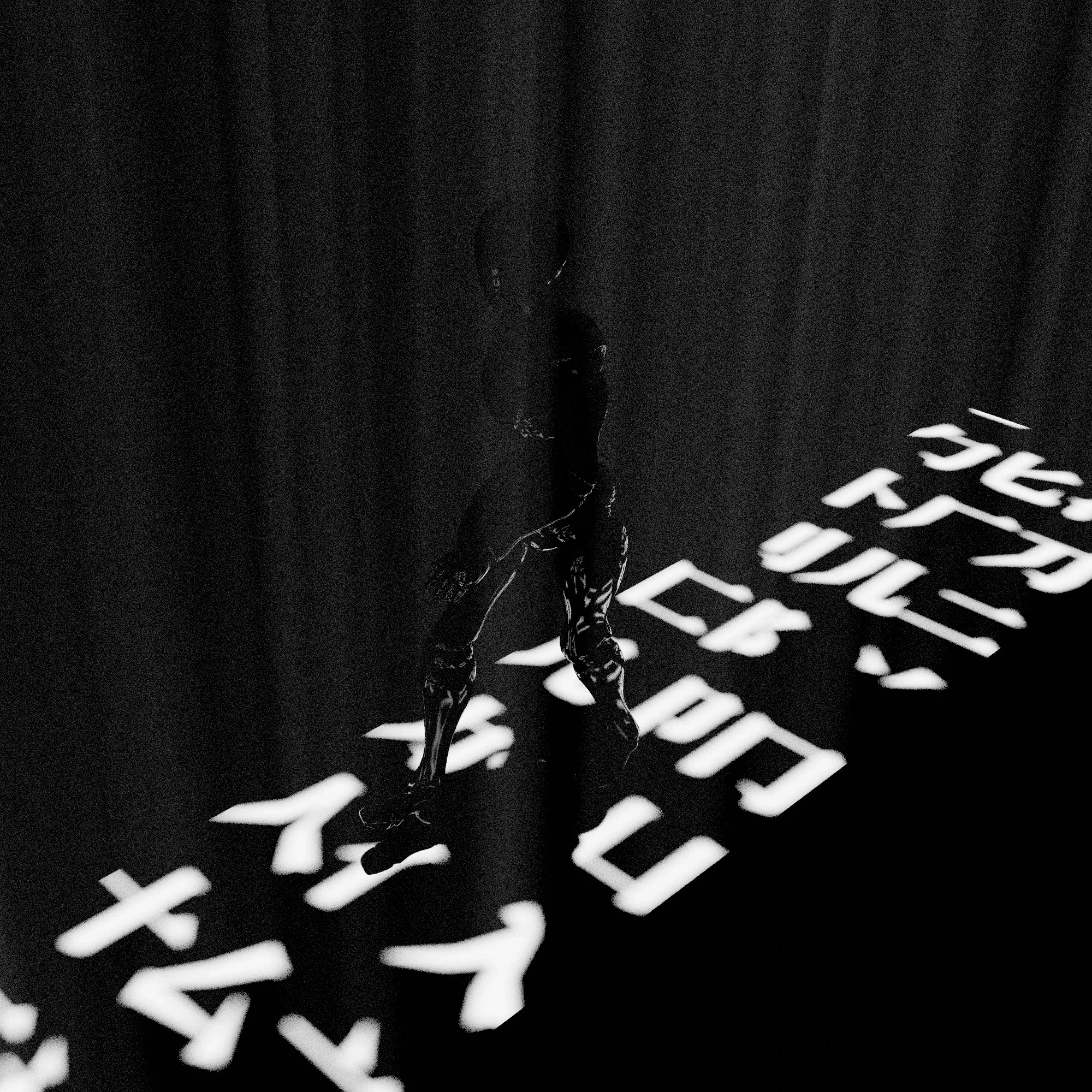 Dark glass figure striding on a stage, with white glyphs projected across the floor and a curtain behind