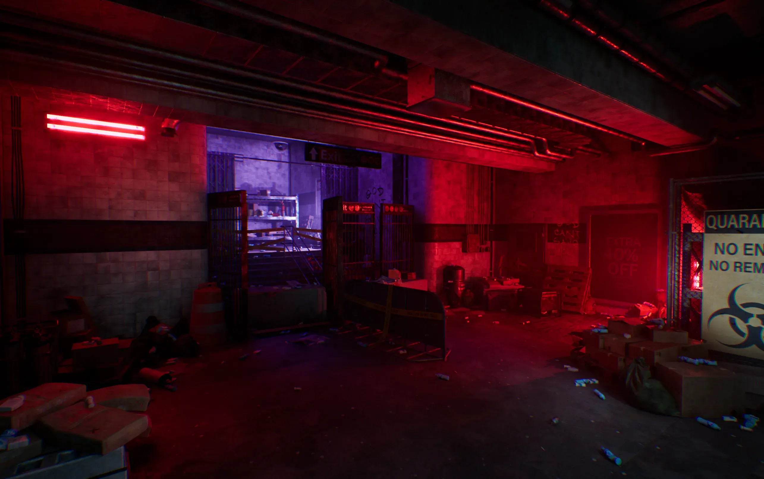 Corridor lit dark red with a purple glow at its centre and a quarantine sign on the right