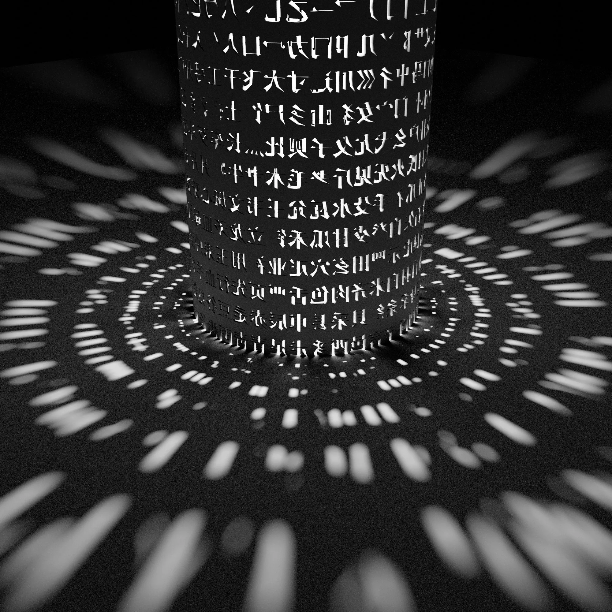 Tall column covered in glyphs rising from a floor of radiating white streaks, in black and white