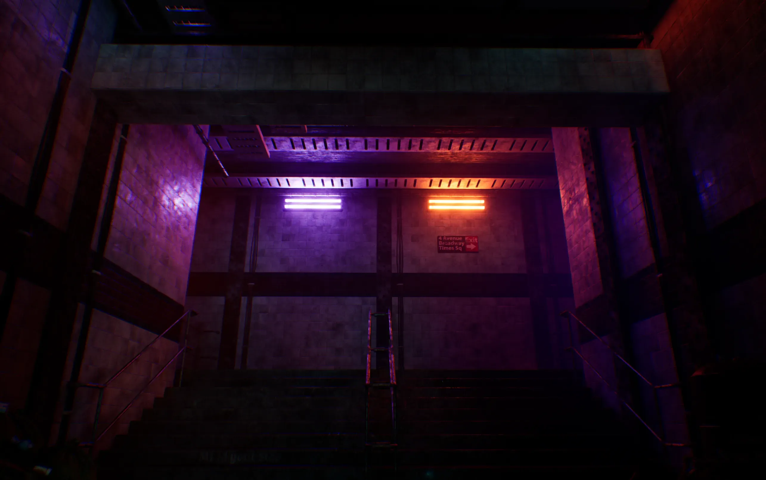Symmetrical dark hall with a purple light over the left exit and an orange light over the right exit