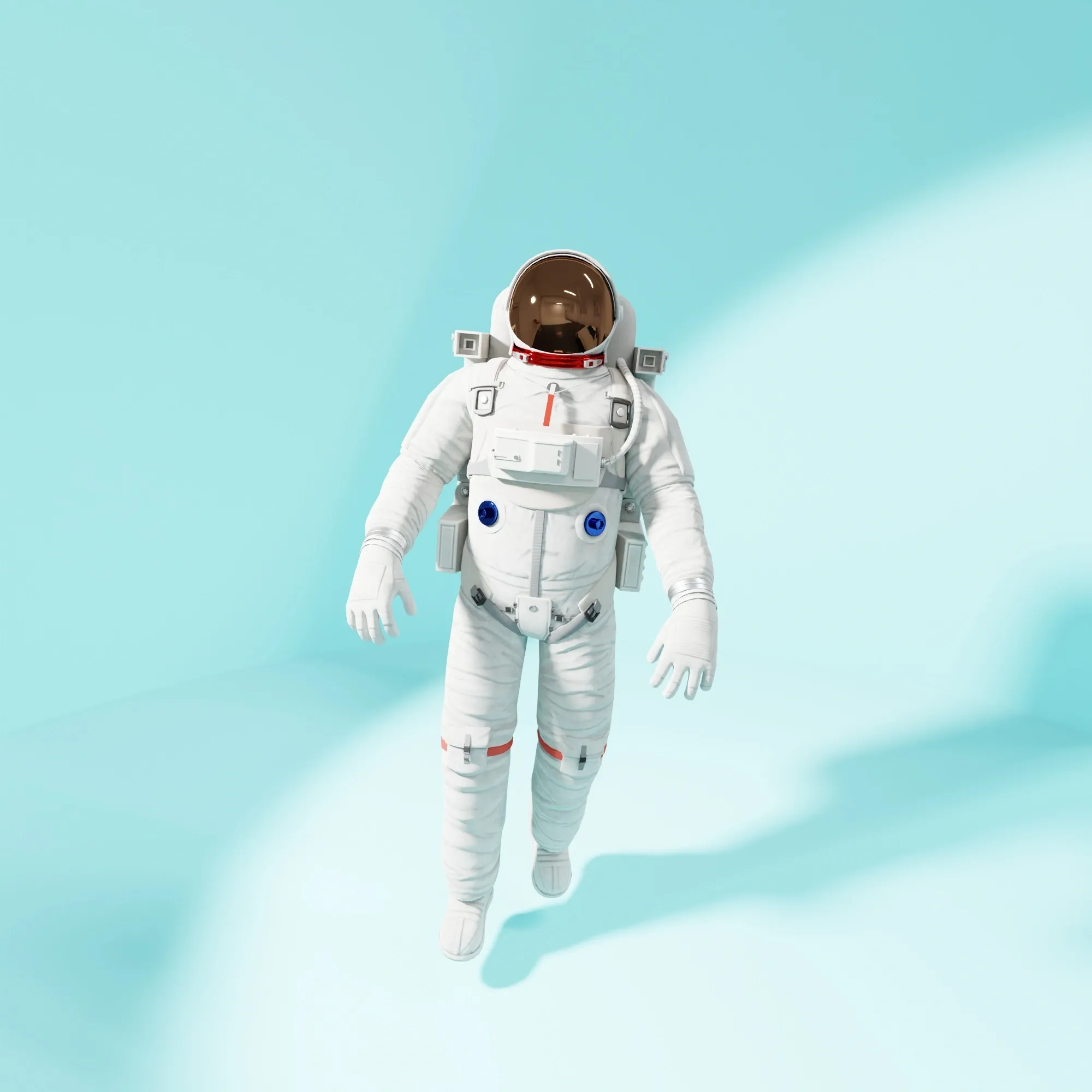White astronaut with a copper visor floating against a pale teal background