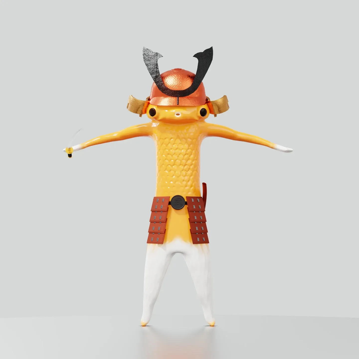 Orange fish samurai in a horned helmet and red armor standing with arms outstretched on a gray background