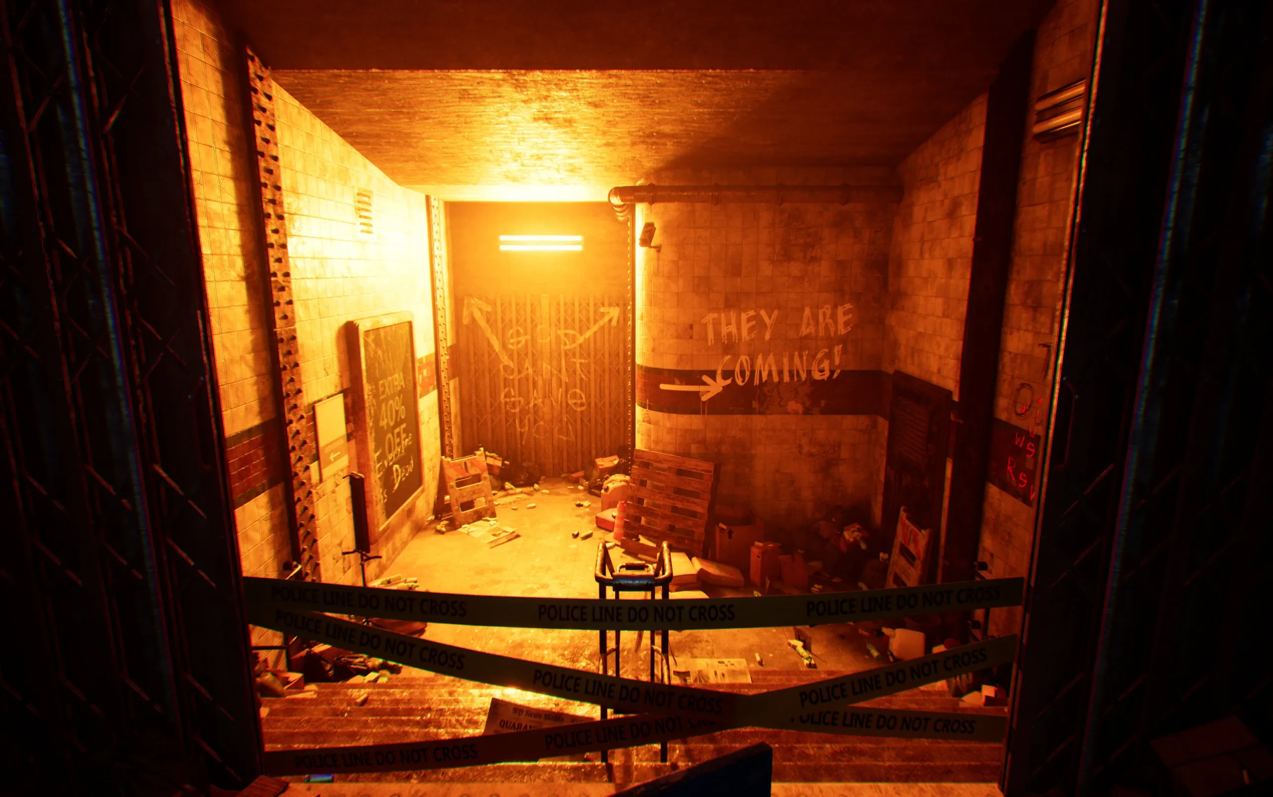 The same spawn room with baked lighting, nearly identical in orange tones and shadows