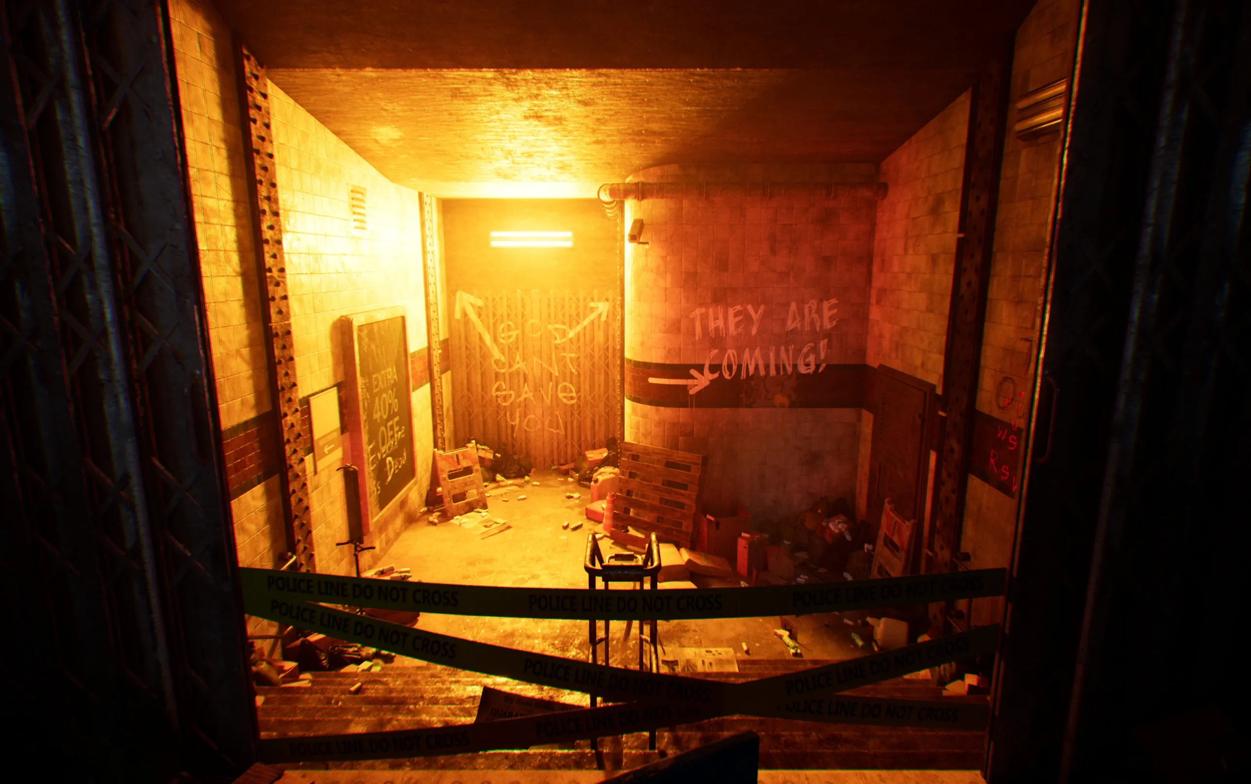 Spawn room lit in orange with Lumen, with graffiti on the wall and police tape across the front