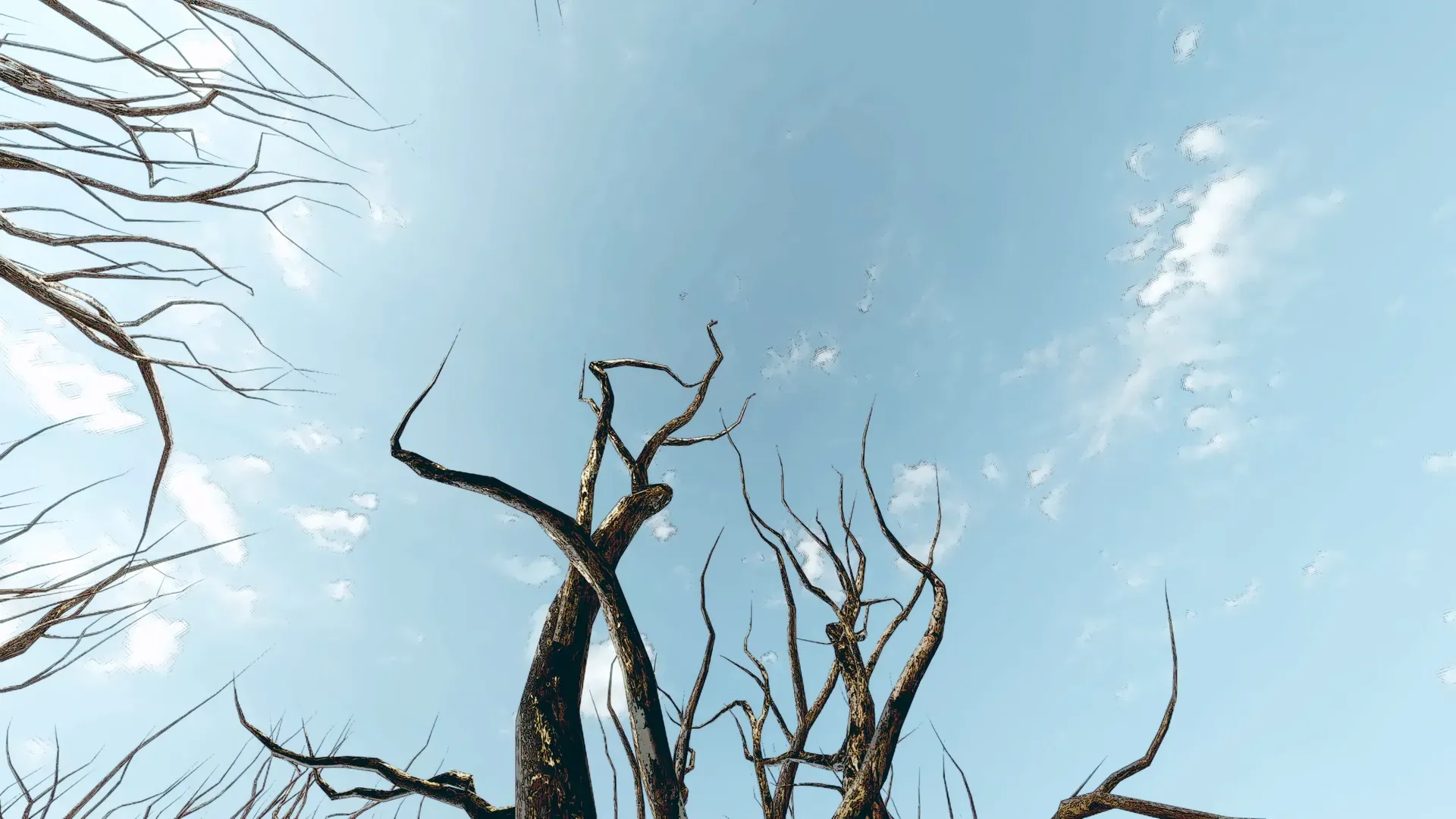 Looking up at bare twisted branches against a blue sky with scattered clouds