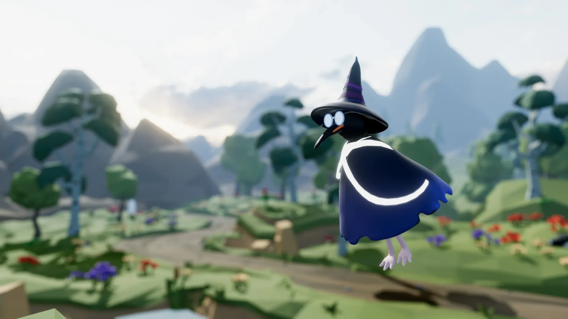 Penguins' Soul floating over a winding path in a low-poly green valley with mountains