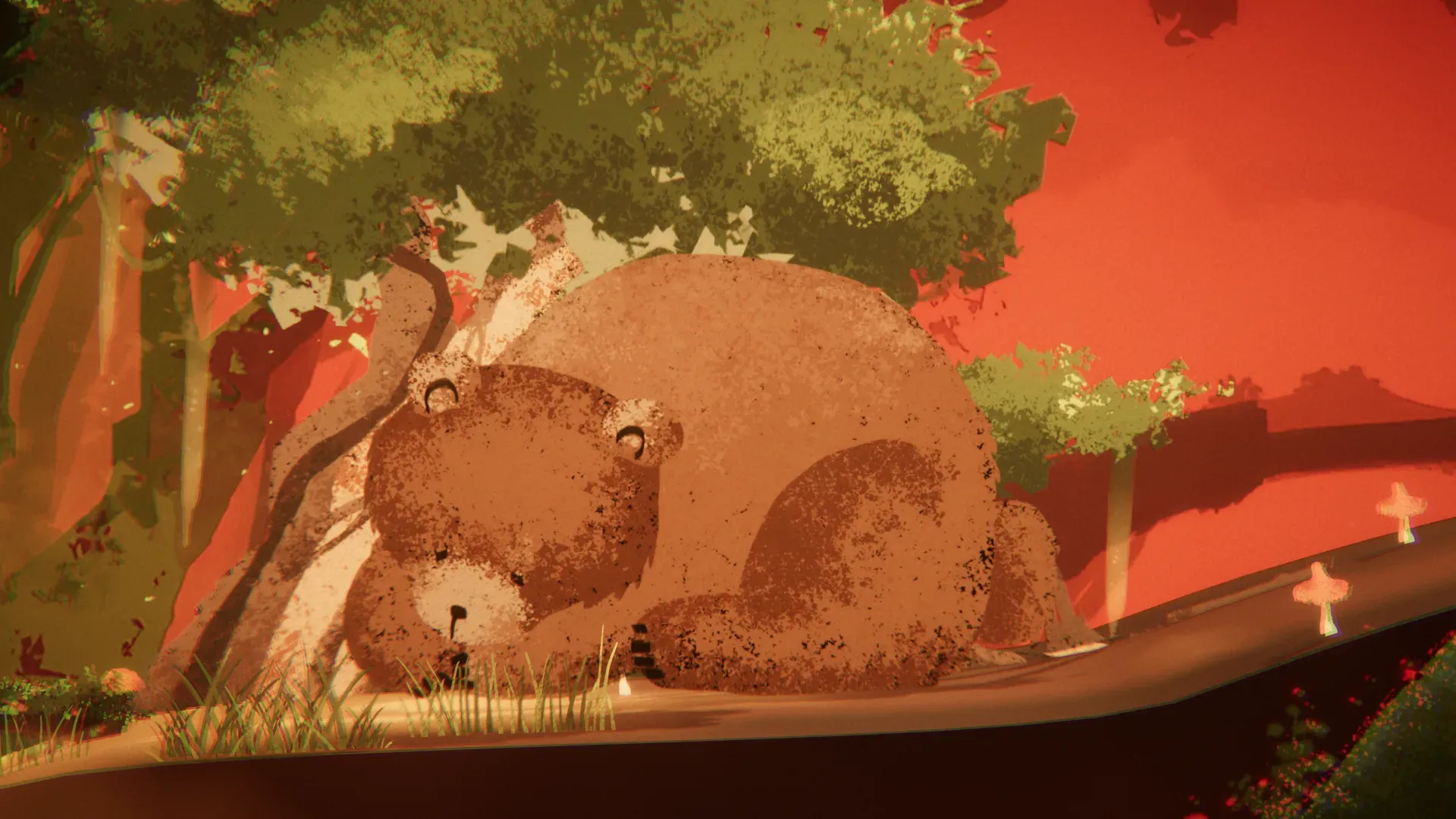 A large brown bear curled up asleep beneath a tree in the red forest