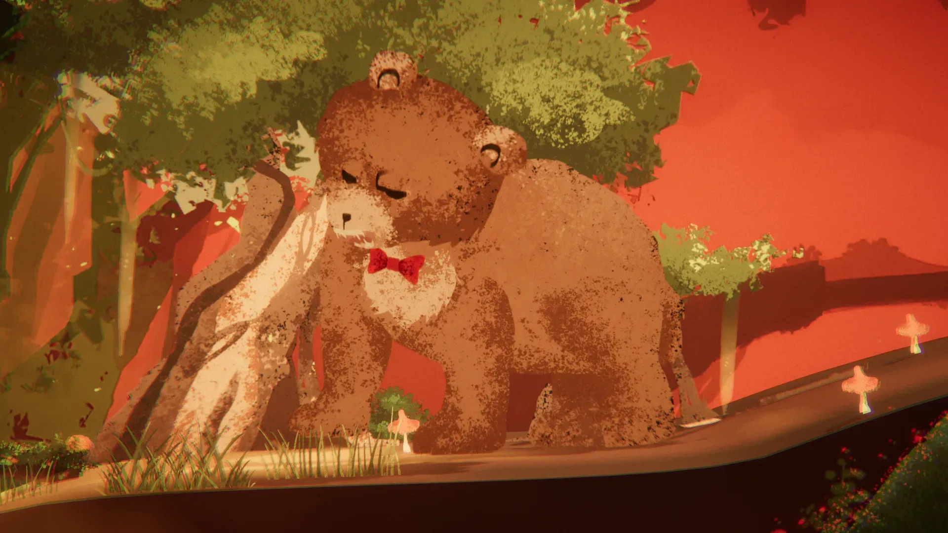 A brown bear with a red bow tie nuzzling her cub against a red background
