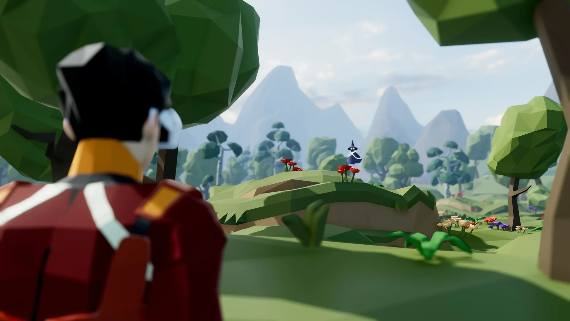The researcher seen from behind overlooking a hilly low-poly landscape