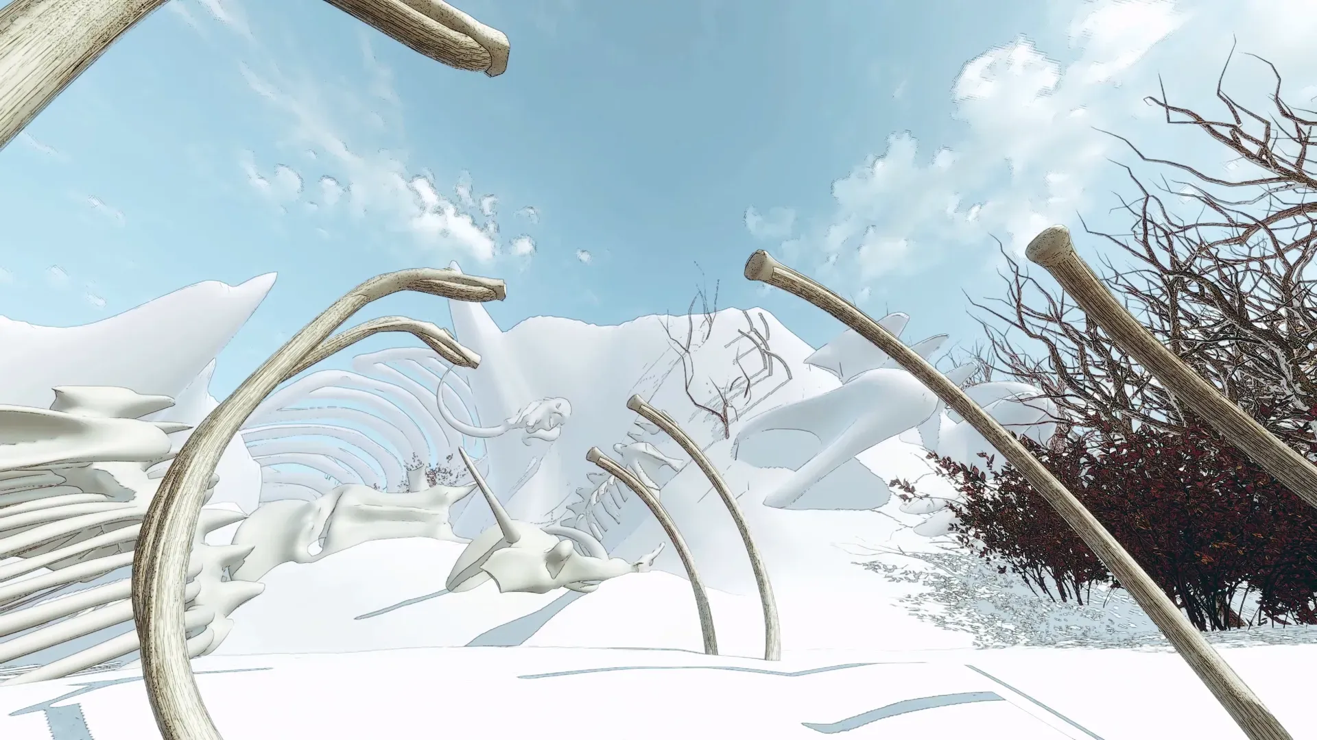 Mammoth skeleton with curved ribs and tusks on snow among bare shrubs