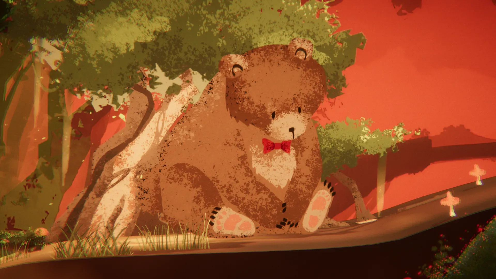 The bear sitting upright and awake, wearing a red bow tie