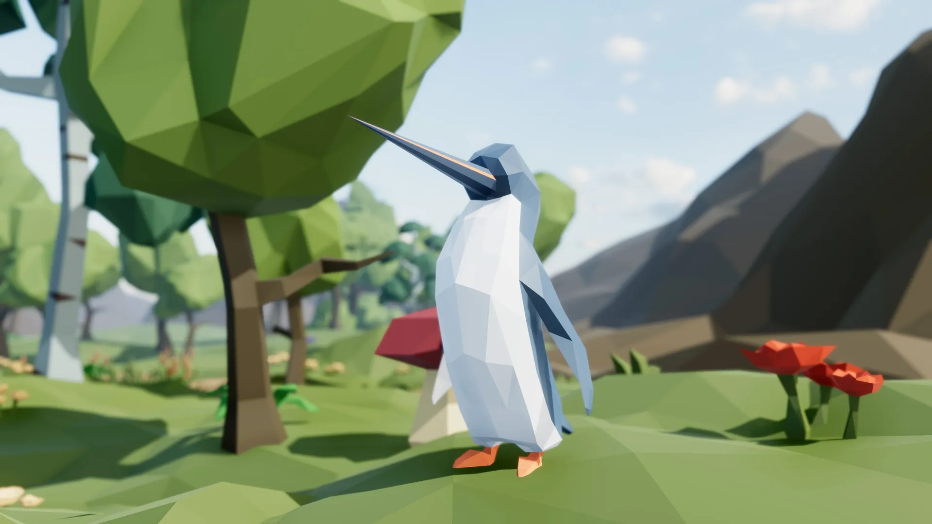 A low-poly penguin standing beside a tree and red flowers in the valley