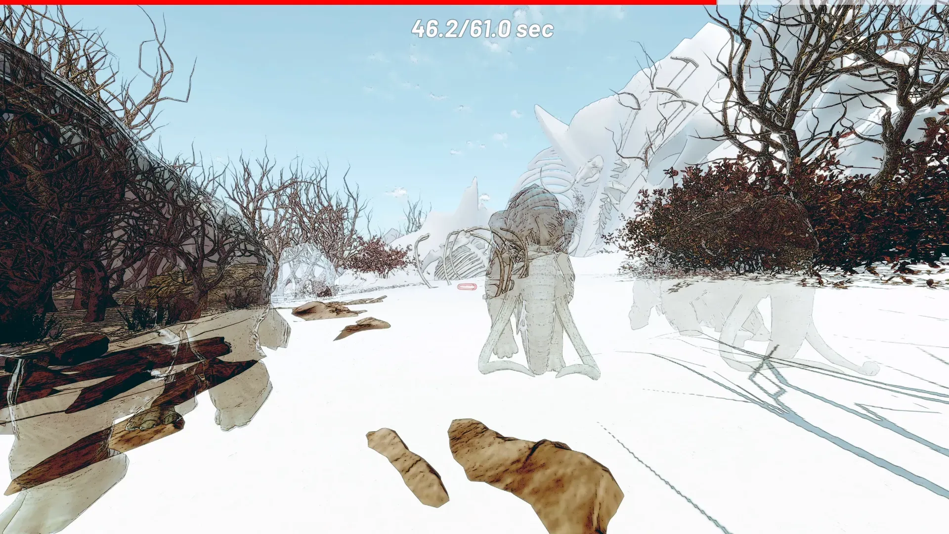 Translucent mammoth phantoms on a snowy forest path with a countdown timer at the top