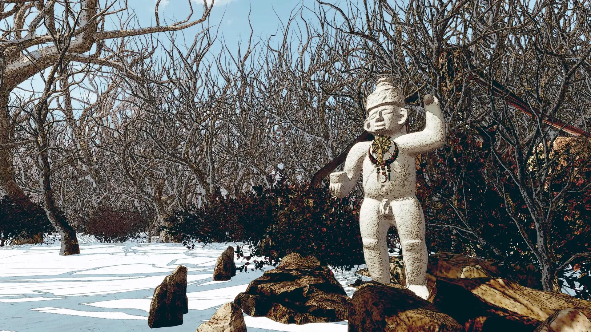 A pale stone statue of a raised-arm figure on a snowy rock among bare trees