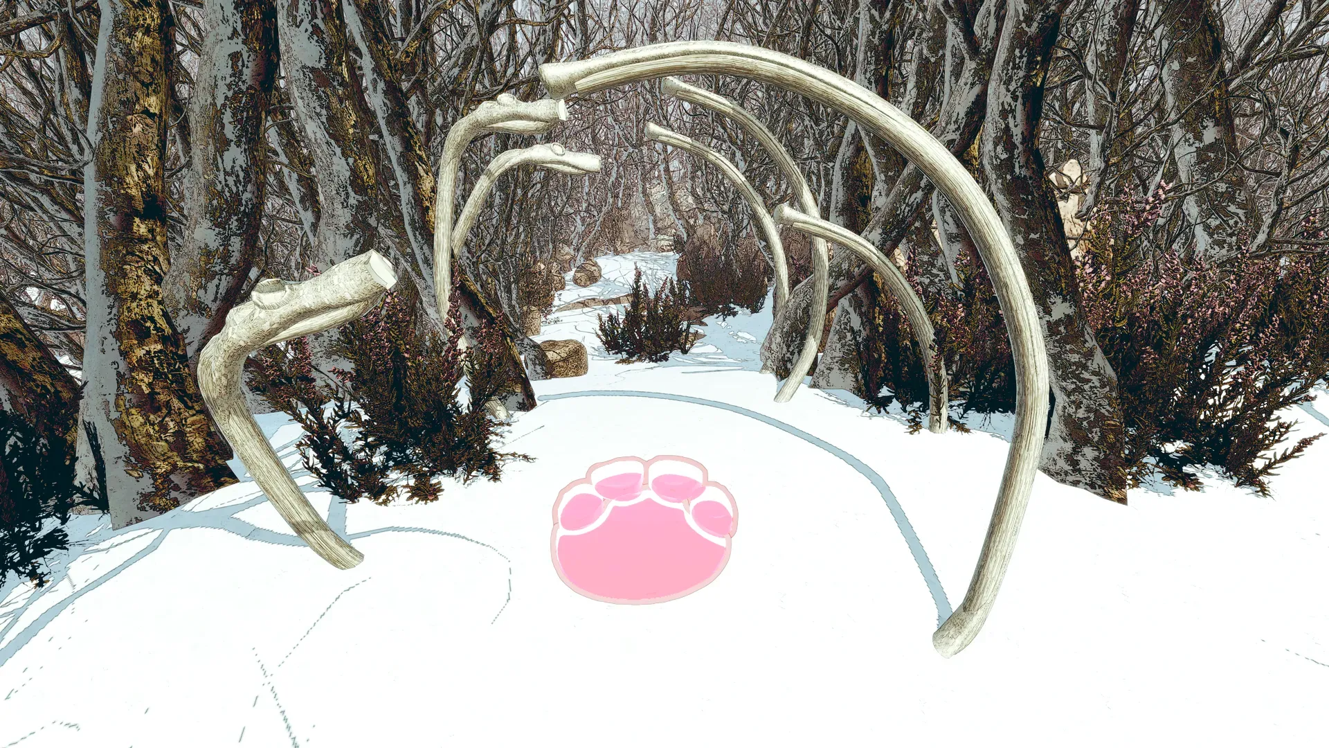 Curved mammoth ribs over a snowy path with a pink paw-print marker on the ground