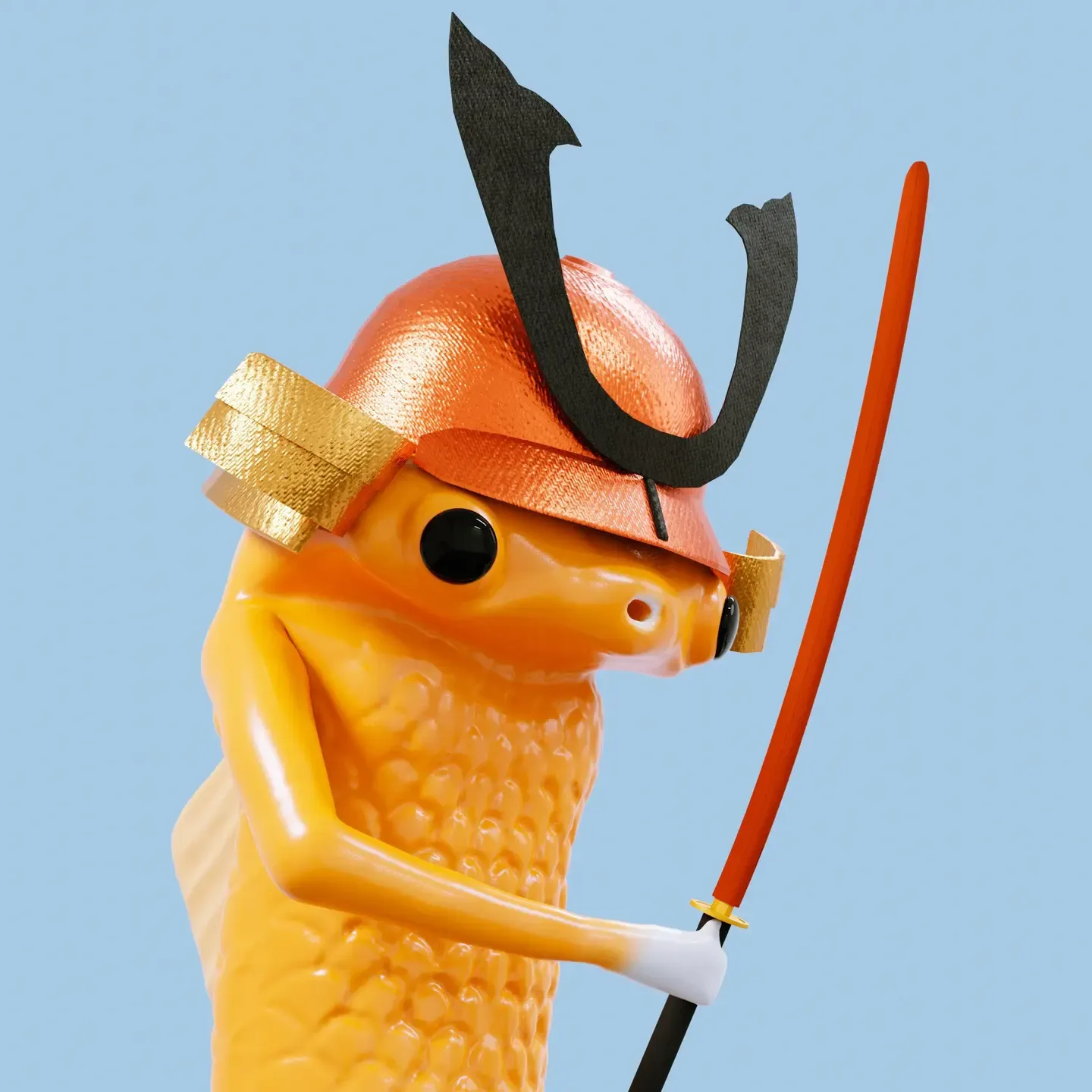 Orange fish samurai in an orange helmet holding a red sword against a light blue sky
