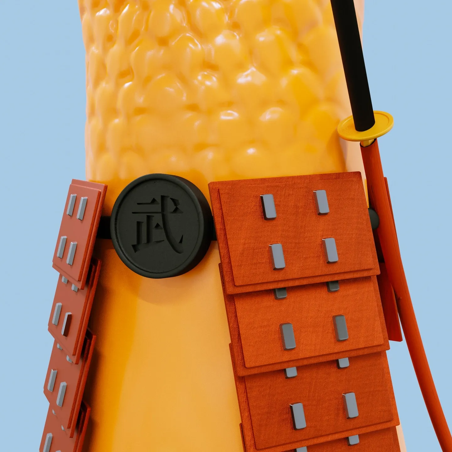 Close-up of a fish warrior's orange body with red armor plates, a kanji emblem and a sword on a blue sky