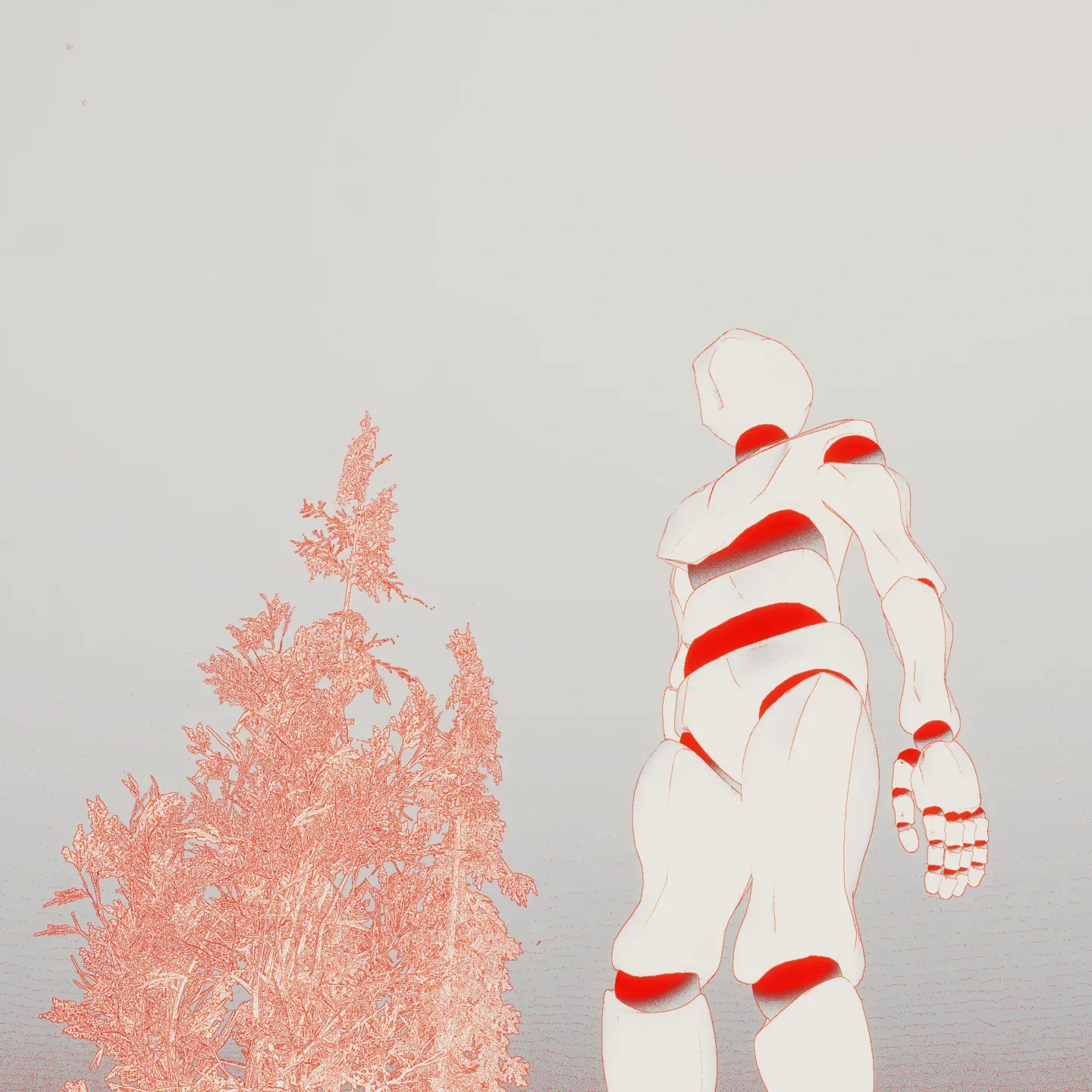 White humanoid figure with red stripes next to a pink-leaved tree in a pale scene