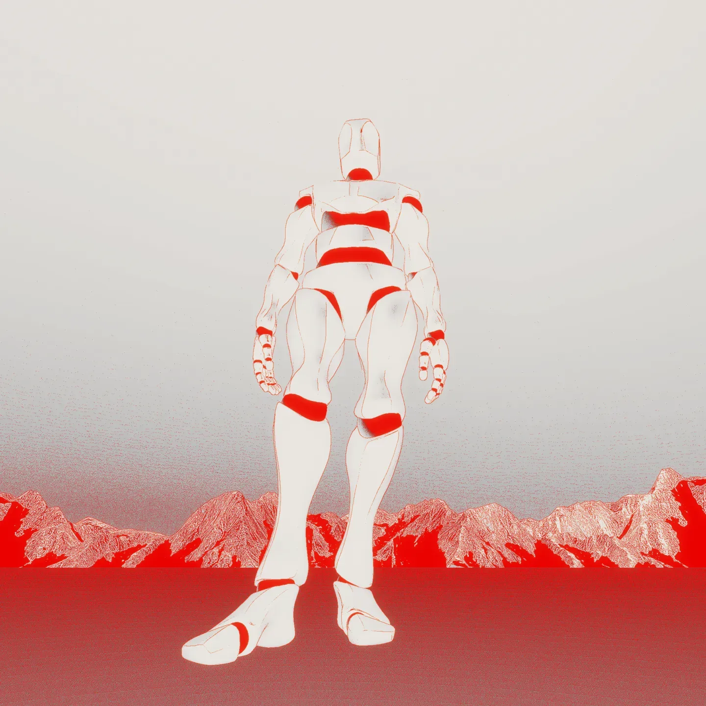 White humanoid figure with red markings standing before red mountains, seen from below