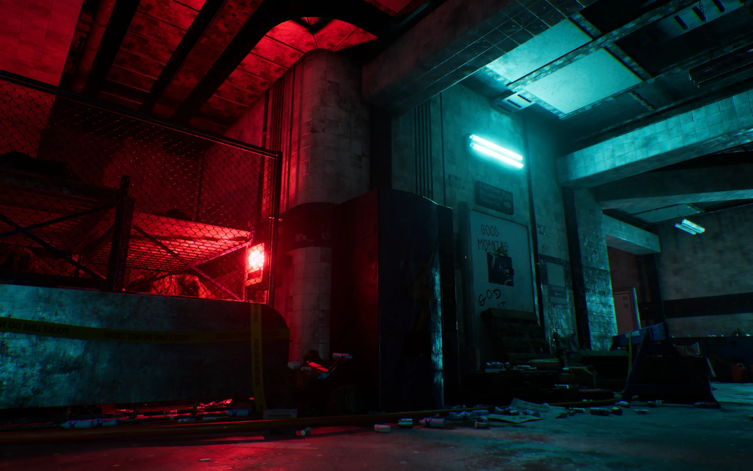 The same red and teal corner with baked lighting, close to the Lumen result