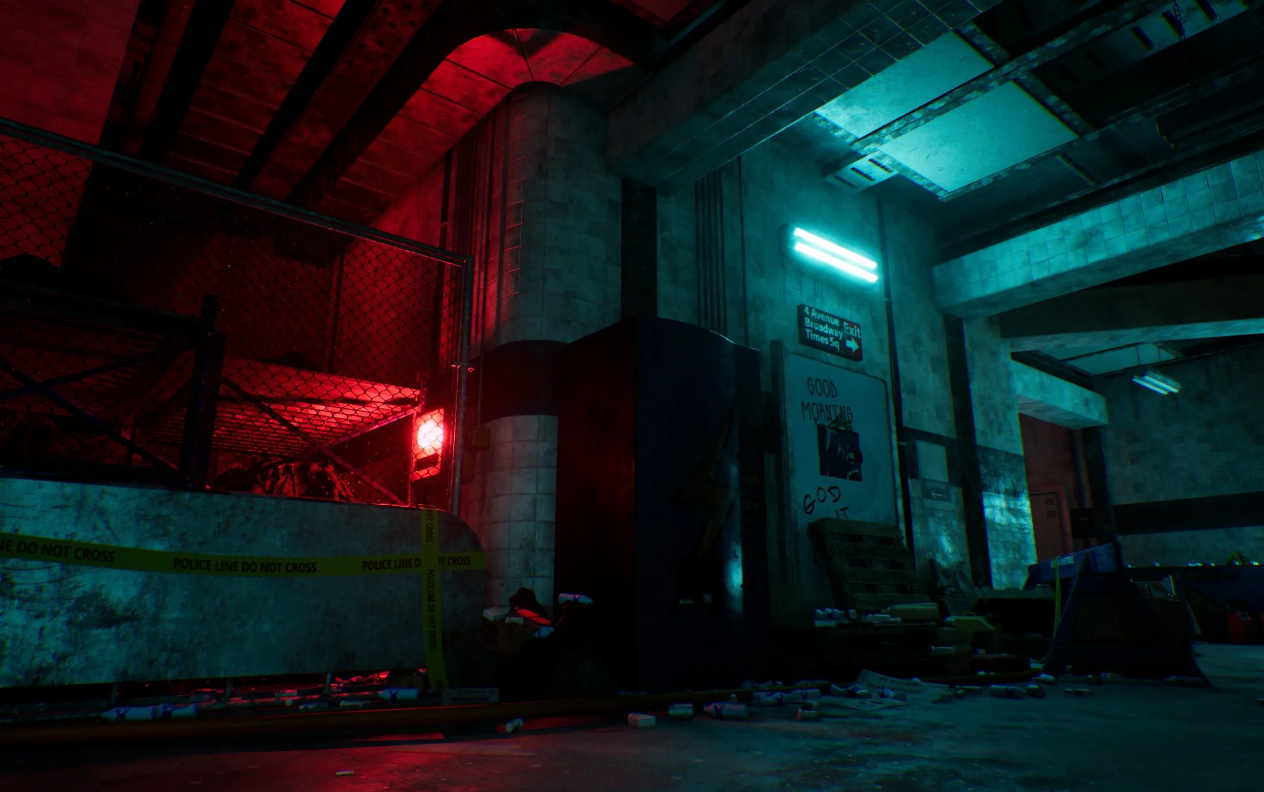 Red-lit shelving beside a teal-lit corner with a glowing red button, rendered with Lumen
