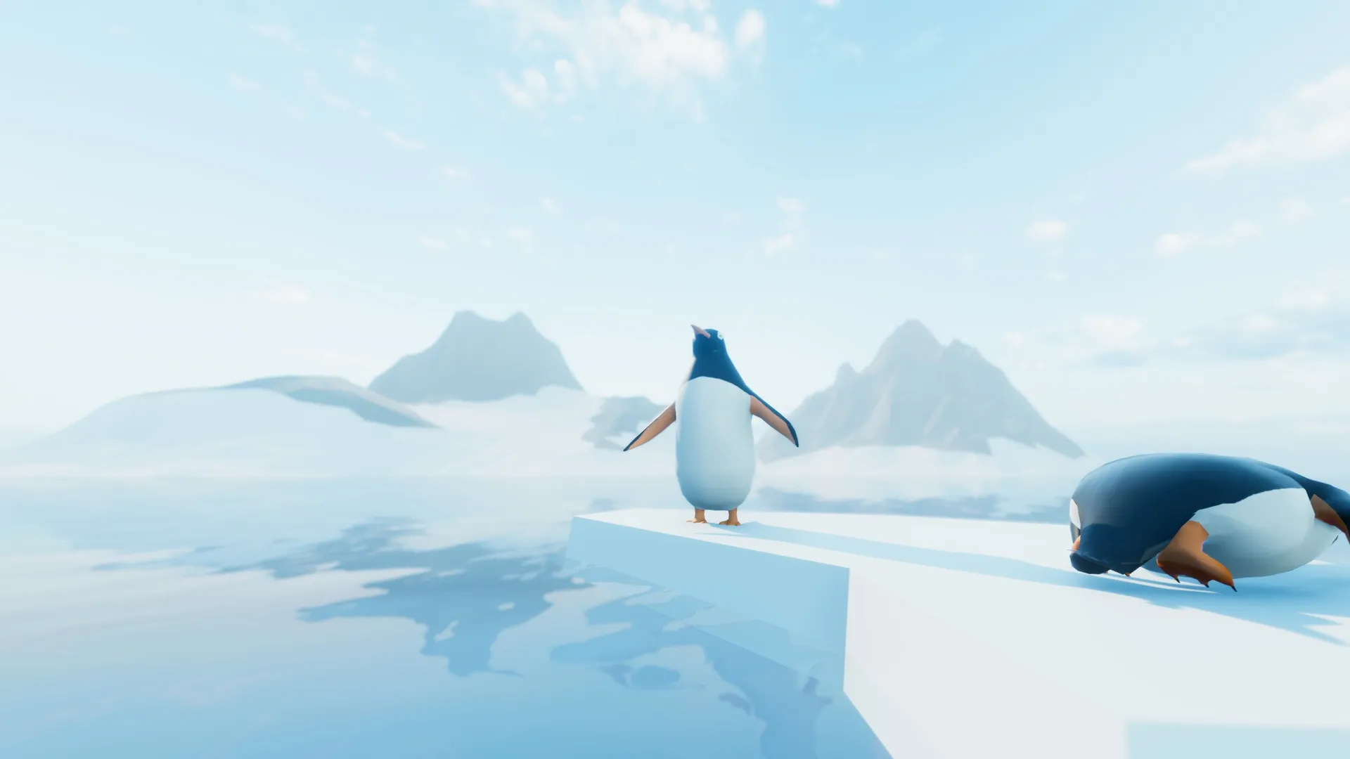 Two penguins on a small ice floe with distant mountains