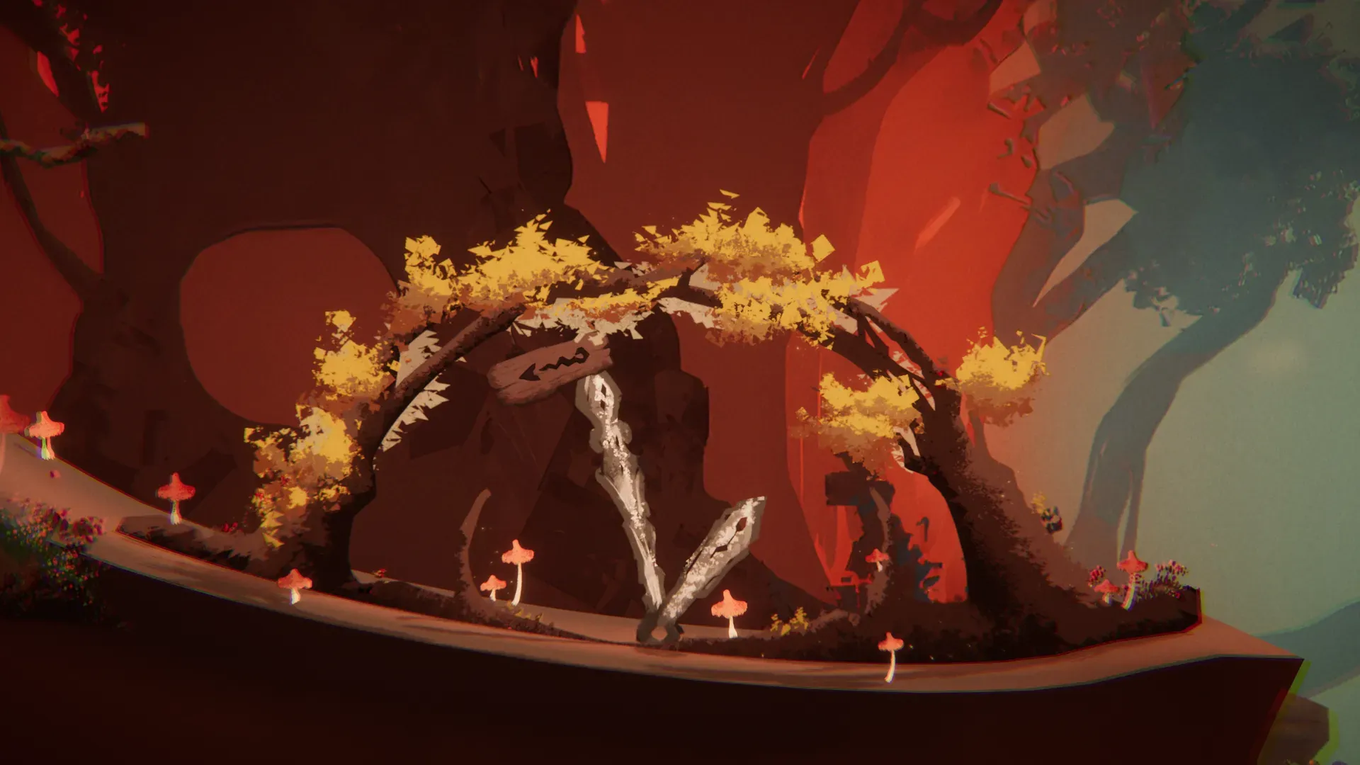 Giant clock hands standing under an arch of branches with yellow leaves in the red forest