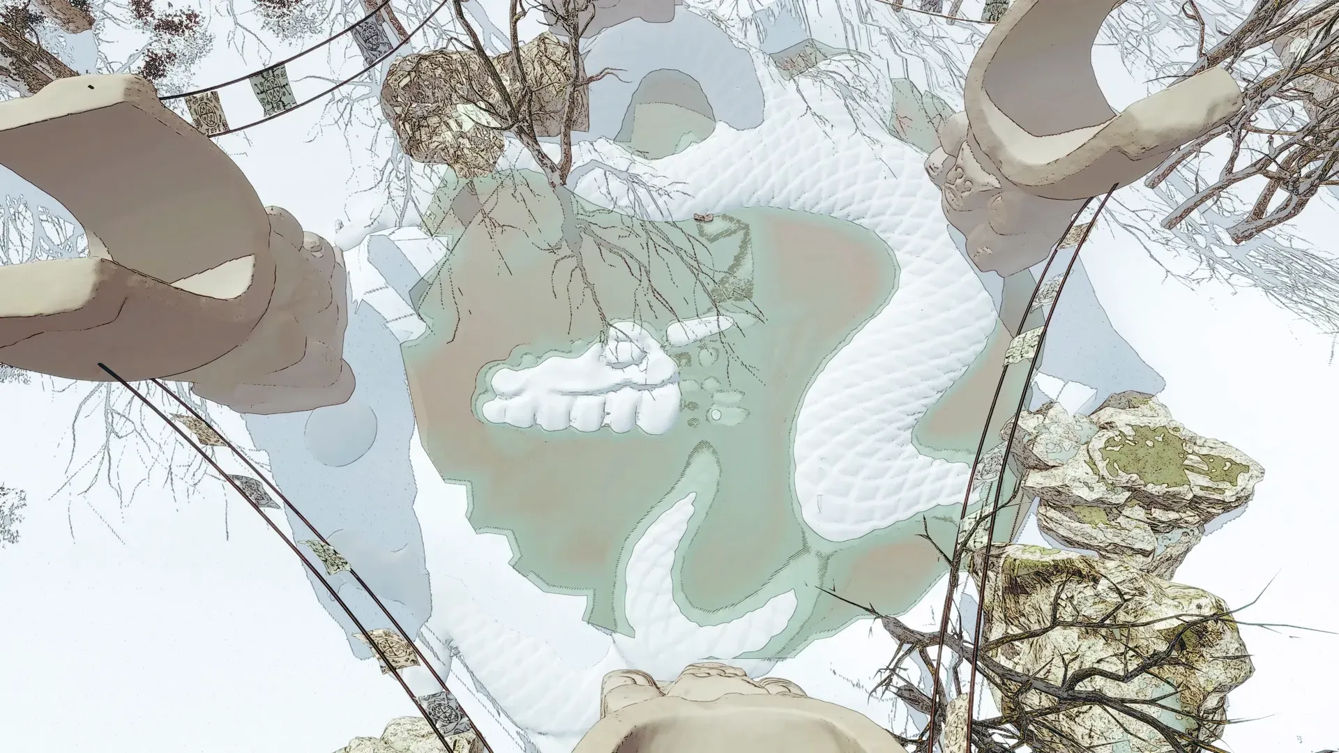 Looking down at a dragon-like pattern on the snow inside a ring of stone statues