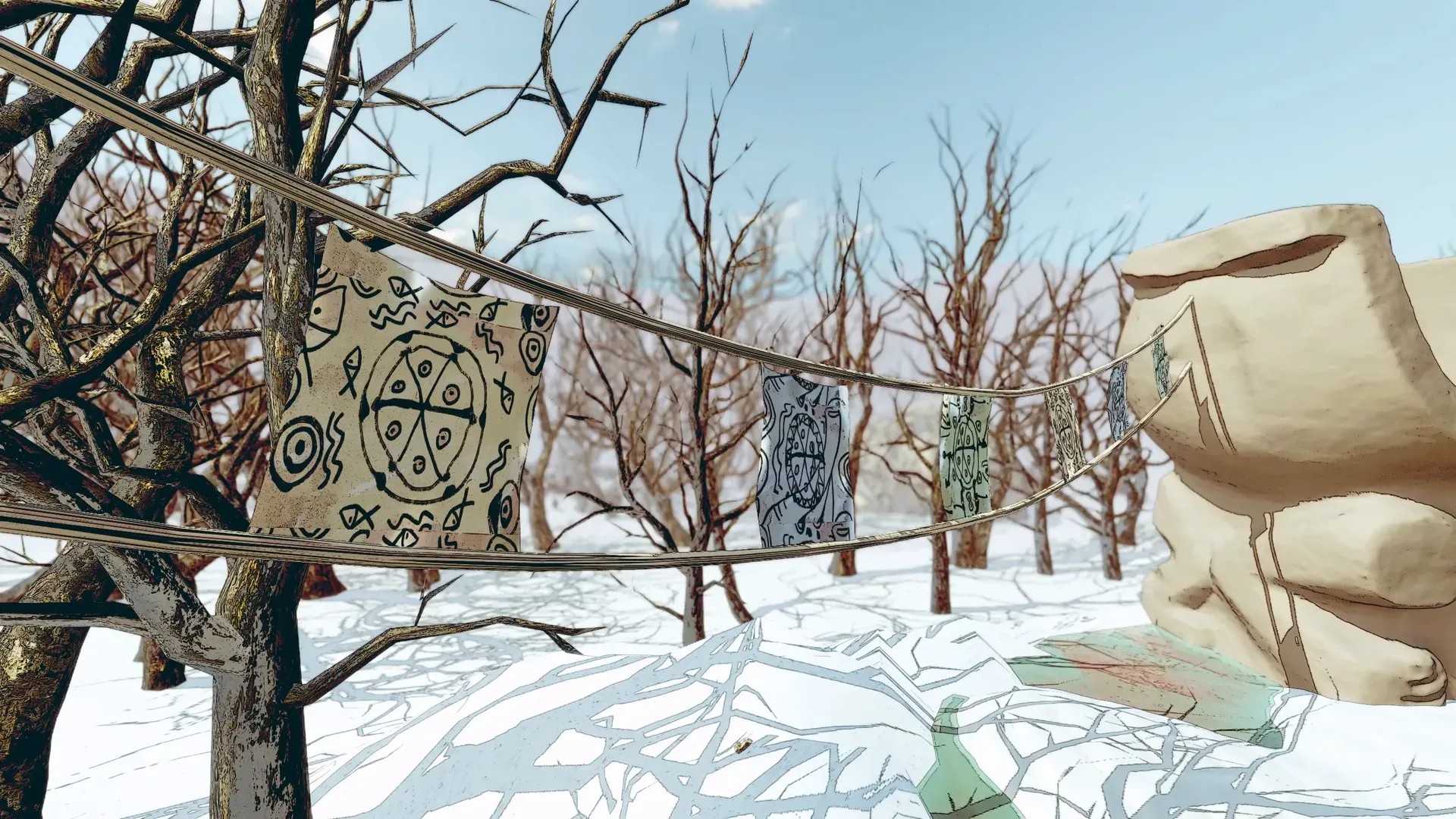 Strings of patterned prayer flags between bare trees on a snowy altar ground