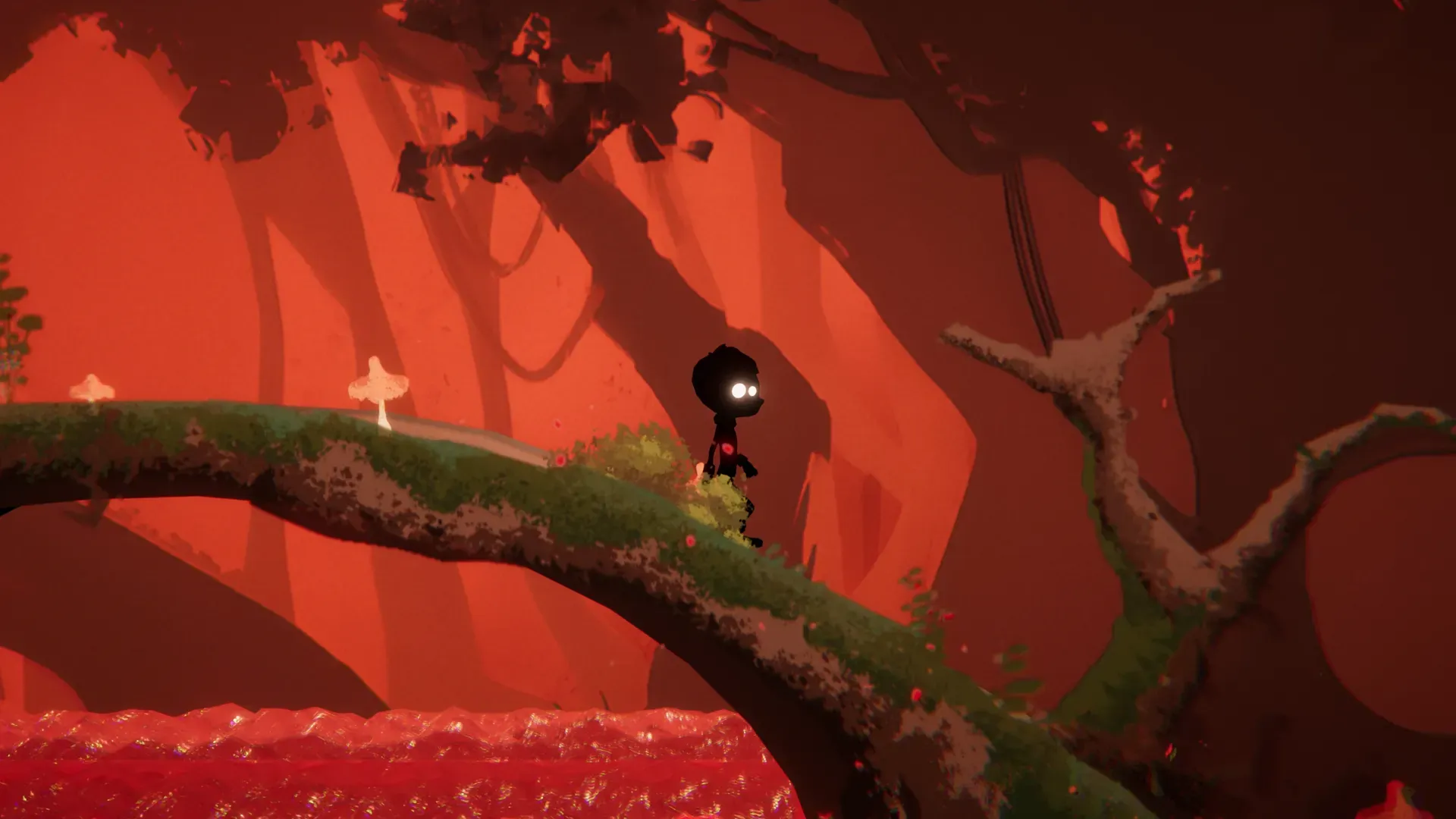 The protagonist silhouette crossing a mossy log bridge above red water