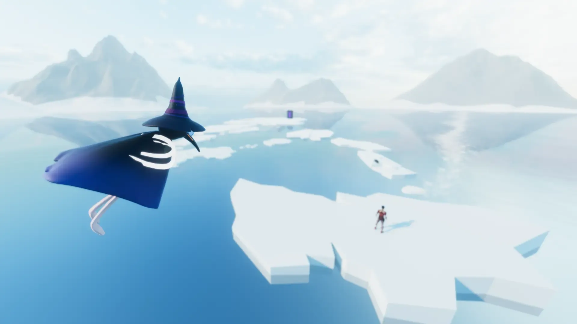 Penguins' Soul flying over open water and a lone ice floe with the researcher on it