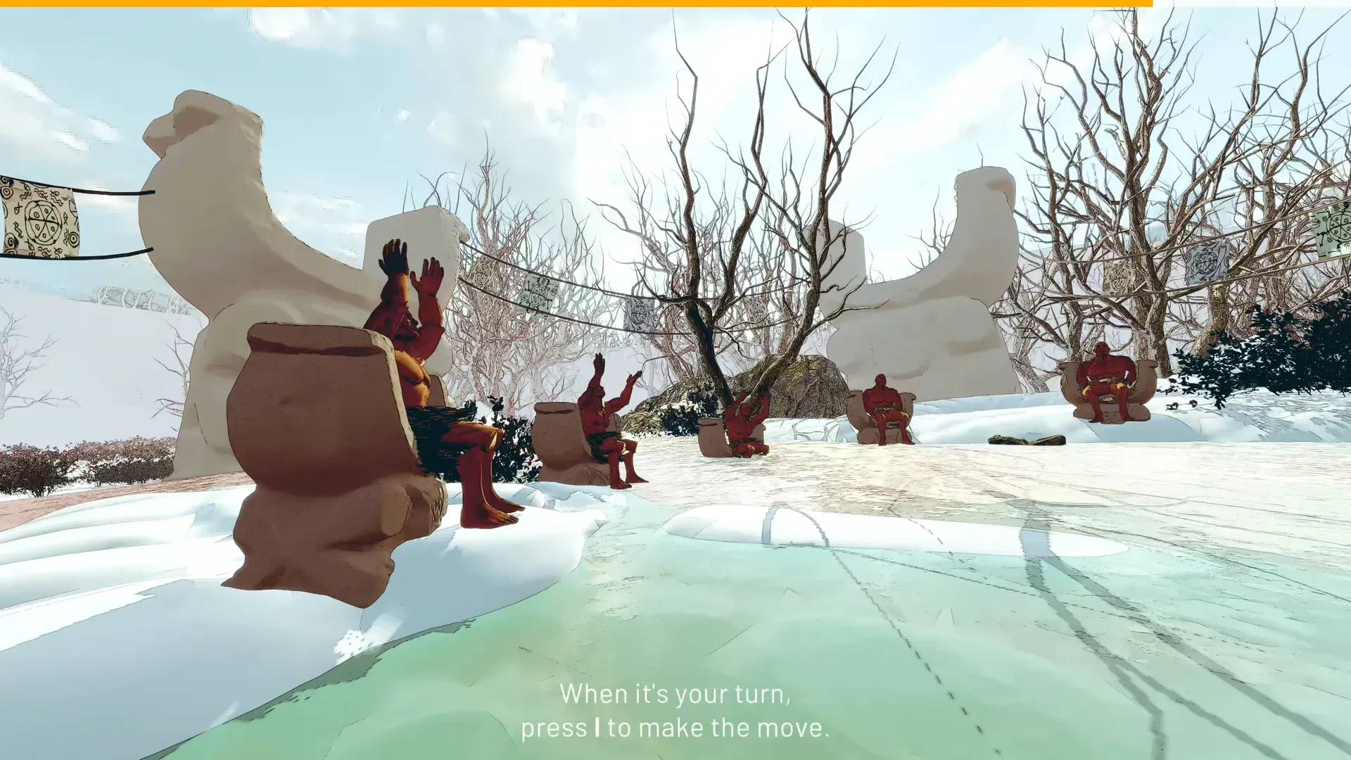 Red-skinned primitive people on stone stools in a snowy circle, with a prompt to press a key on your turn