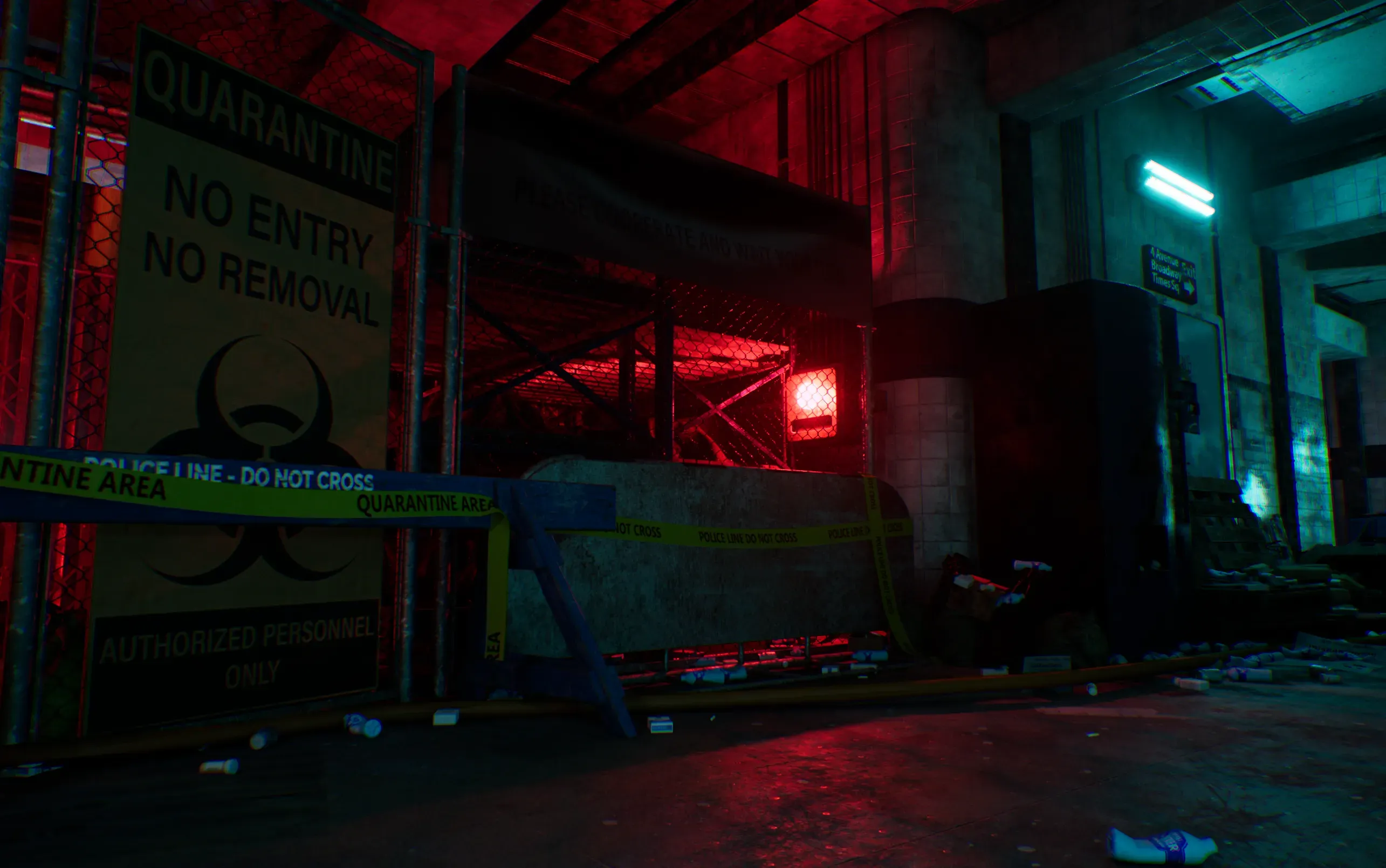 Red-lit area behind a quarantine no-entry sign, with a glowing red button on the wall and teal light beyond
