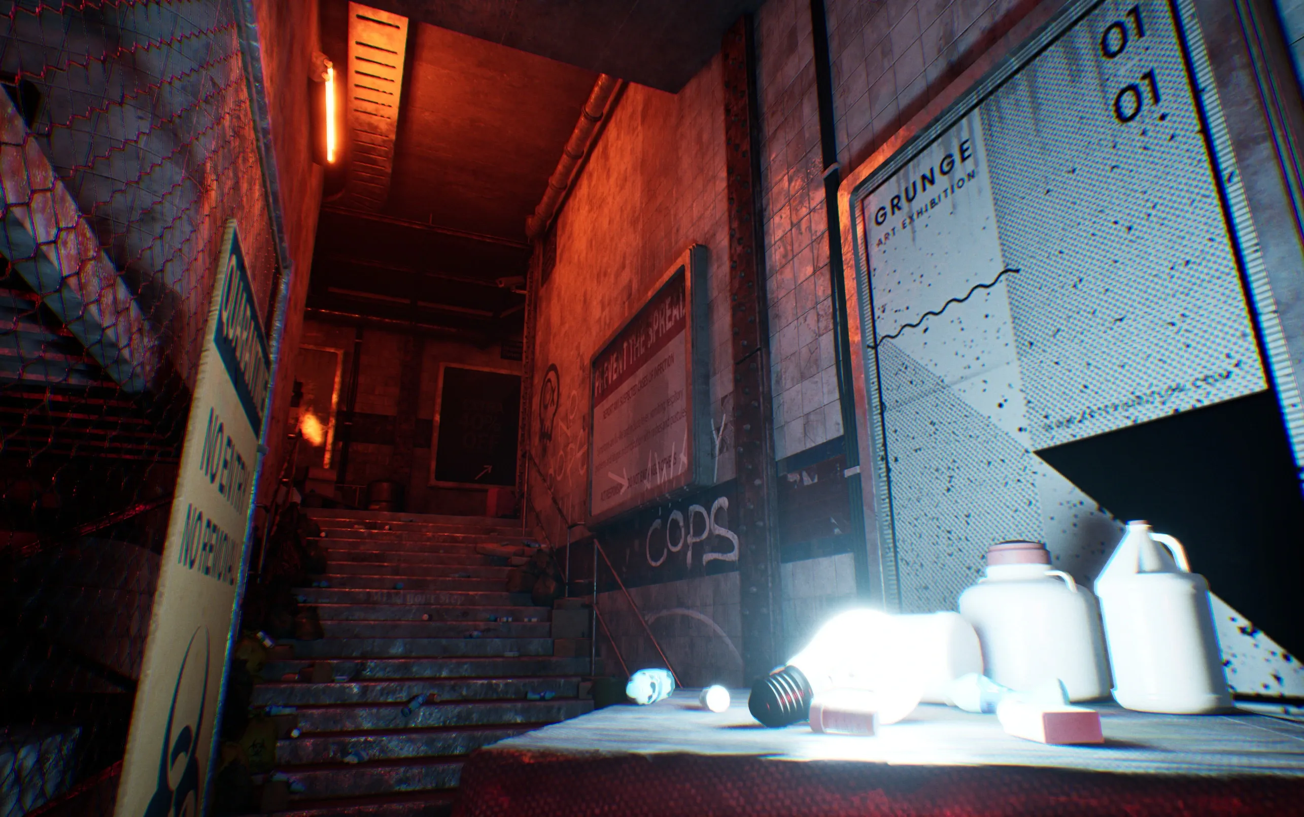 The same bulb and stairs with baked lighting, slightly darker around the stairs