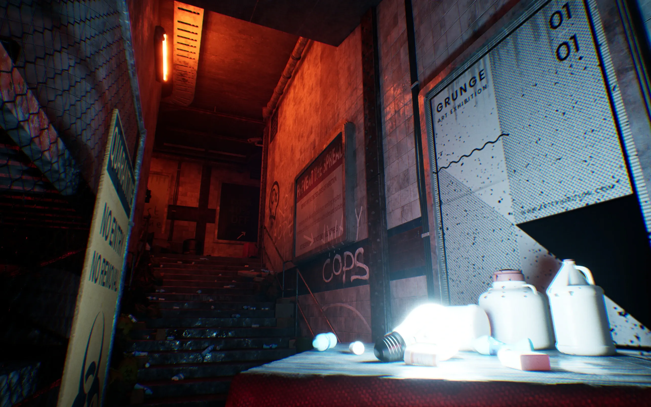A glowing light bulb on a shelf beside a quarantine sign and orange stairs, rendered with Lumen