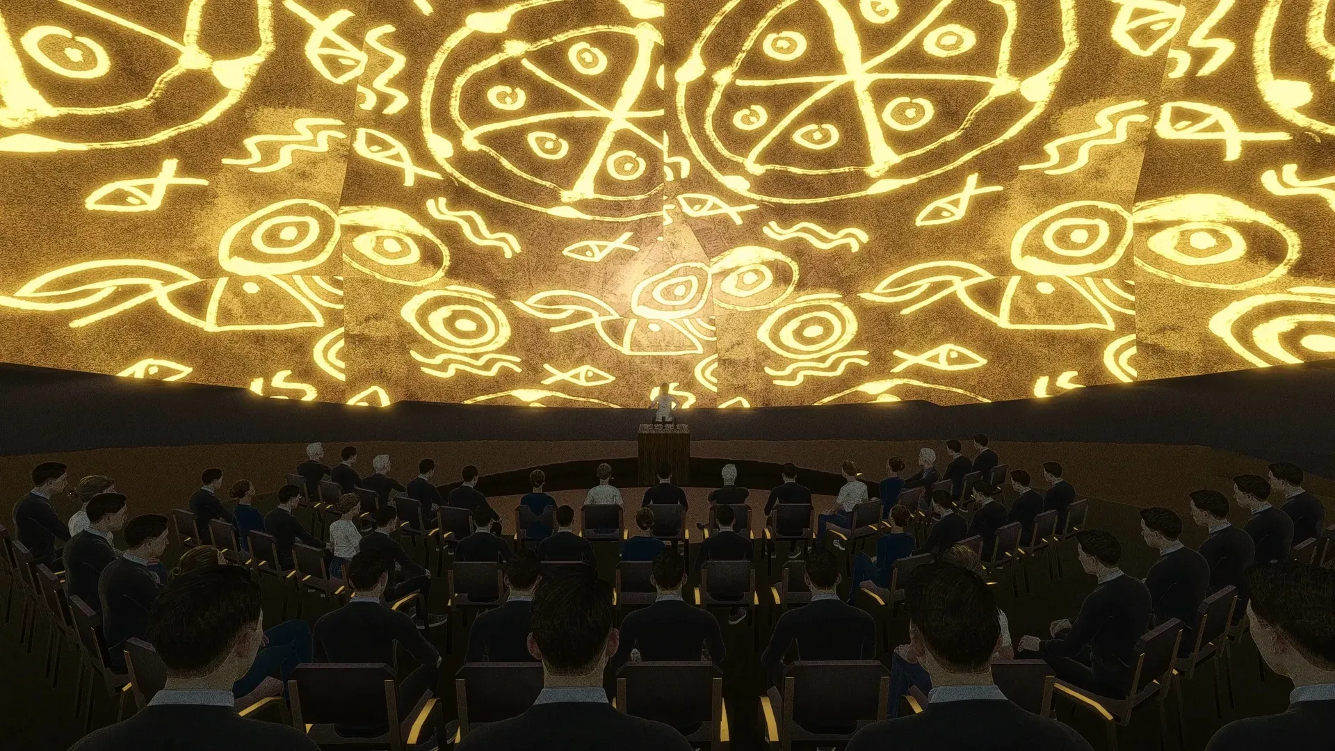 Press conference hall with a seated audience under a ceiling glowing with golden shamanic patterns