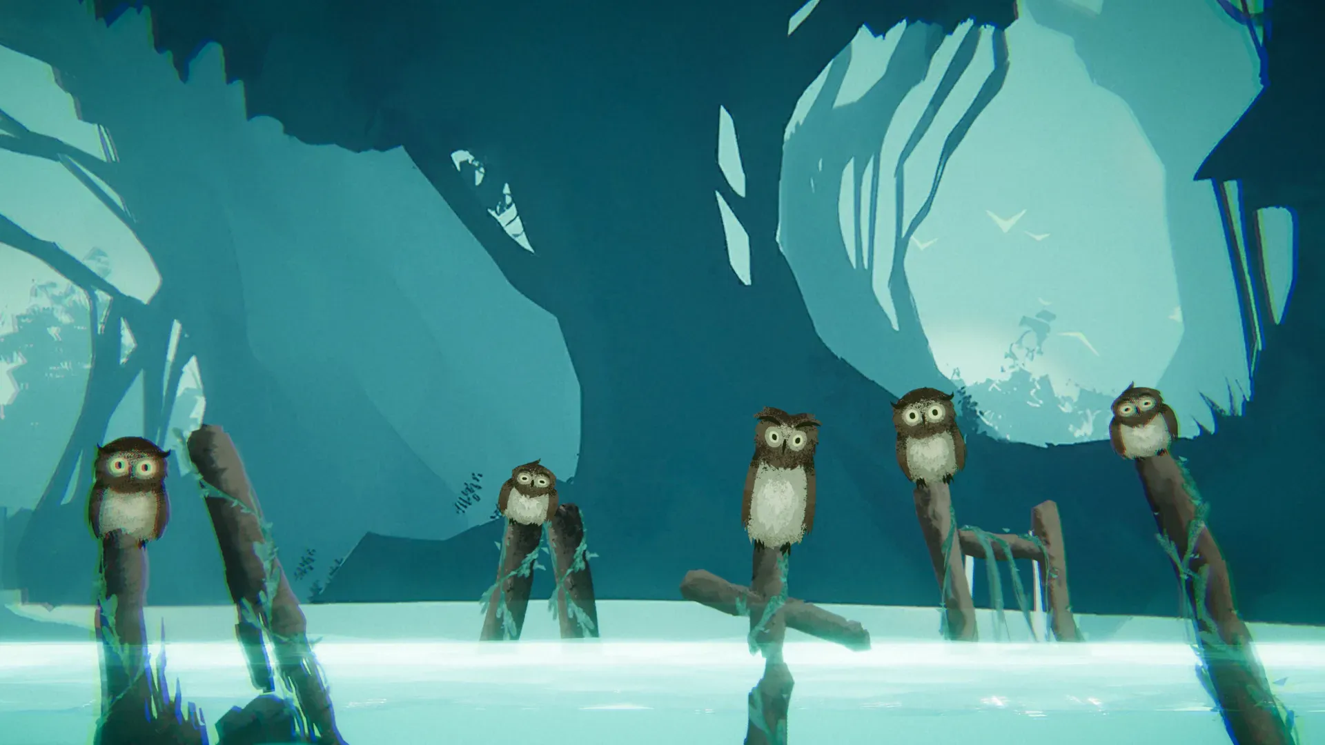 Five owls perched on wooden posts above a glowing teal lake in a dark forest